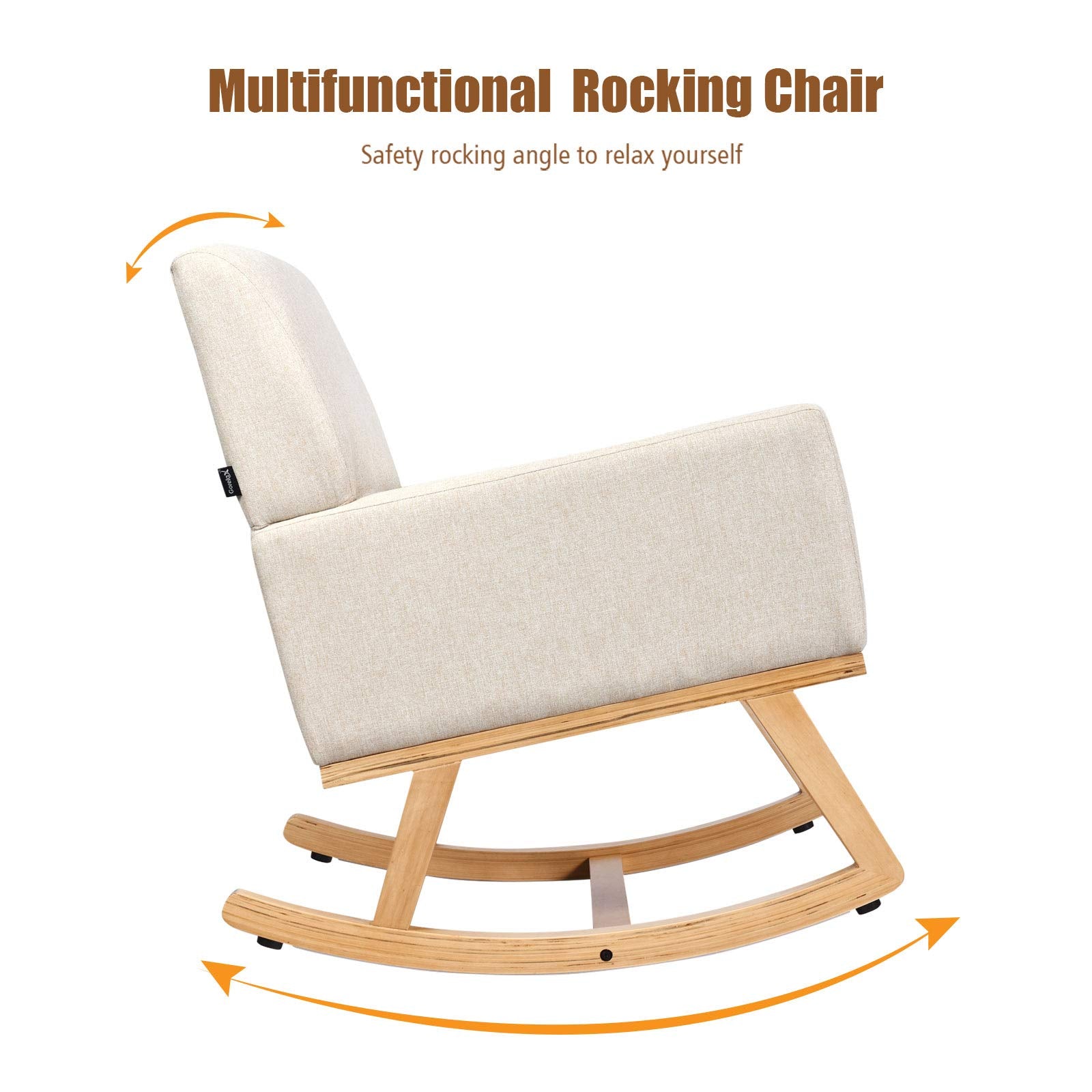 Upholstered Rocking Chair with Fabric Padded Seat and Solid Wood Base