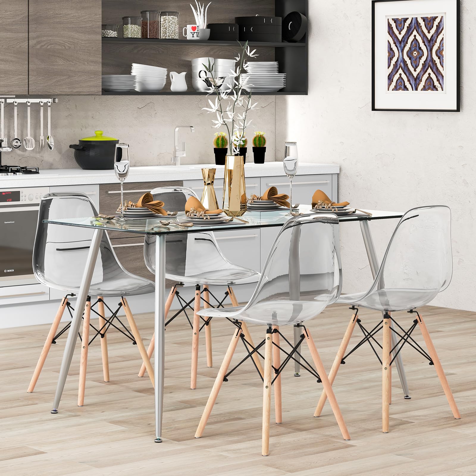 Glass Dining Table, Modern Rectangular Table with Spacious Tempered Glass Tabletop