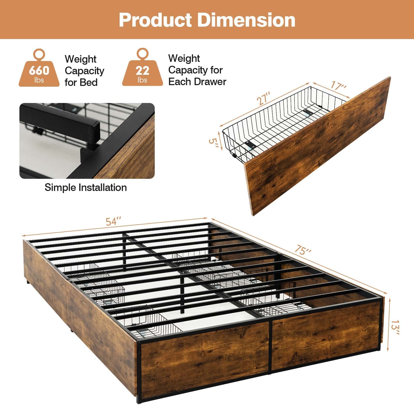 Industrial Metal Bed Frame with 4 Drawers & Reserved Holes for Headboard