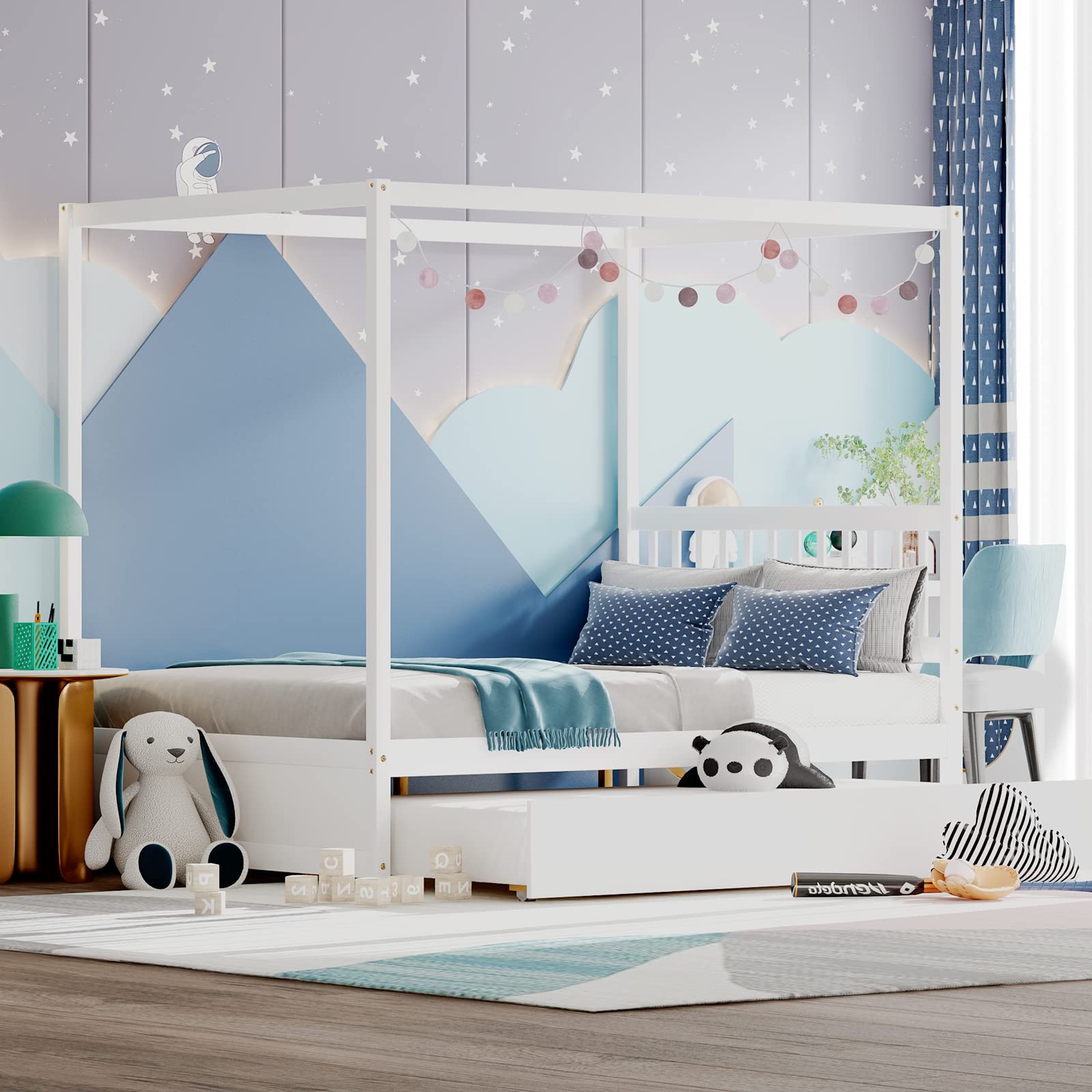 Wood Canopy Bunk Bed with Trundle, Full Size Solid Wood Platform Bed with Headboard