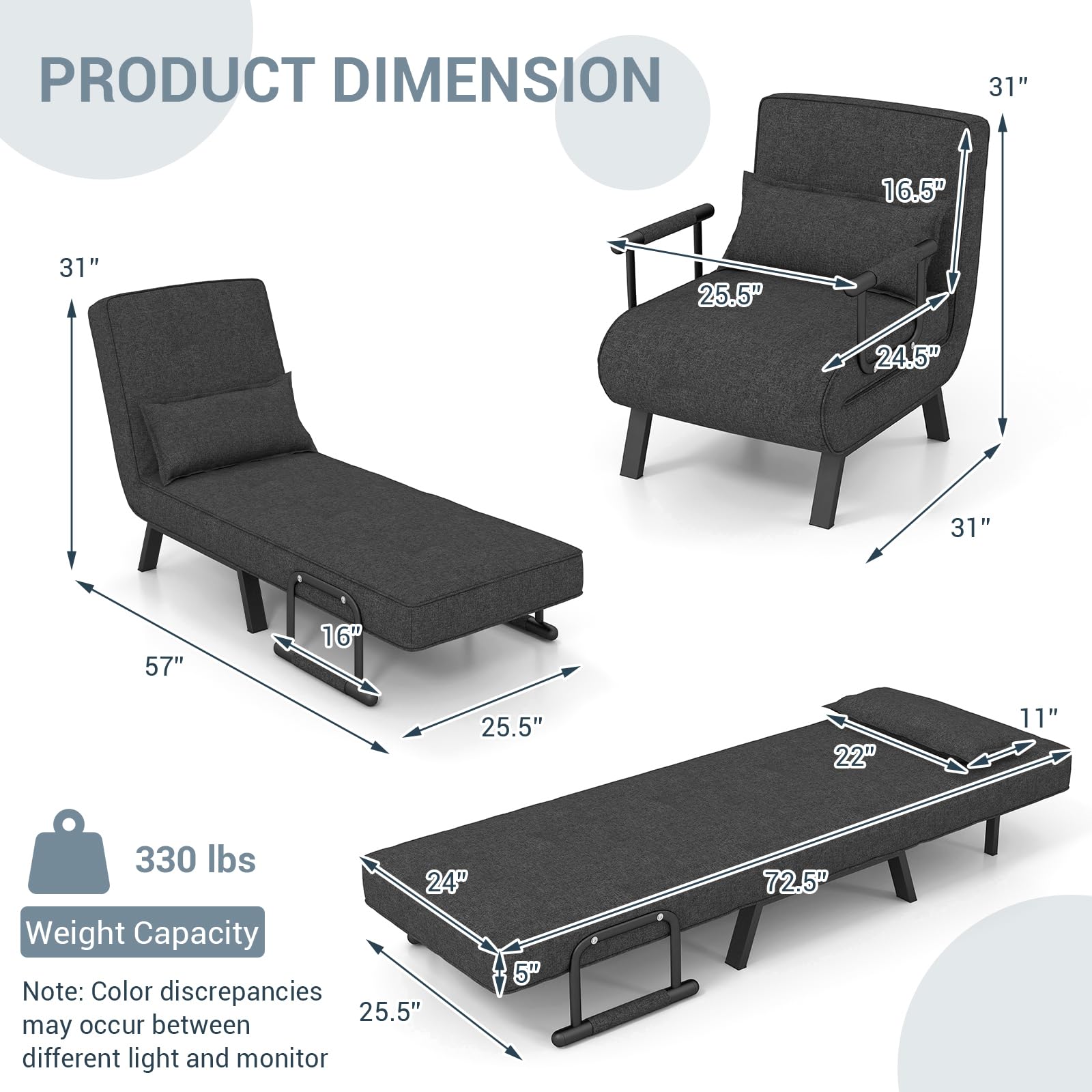 Convertible Upholstered Sleeper Chair Bed with Pillow, 4-in-1 Folding Sofa Bed with 6-Position Adjustable Backrest