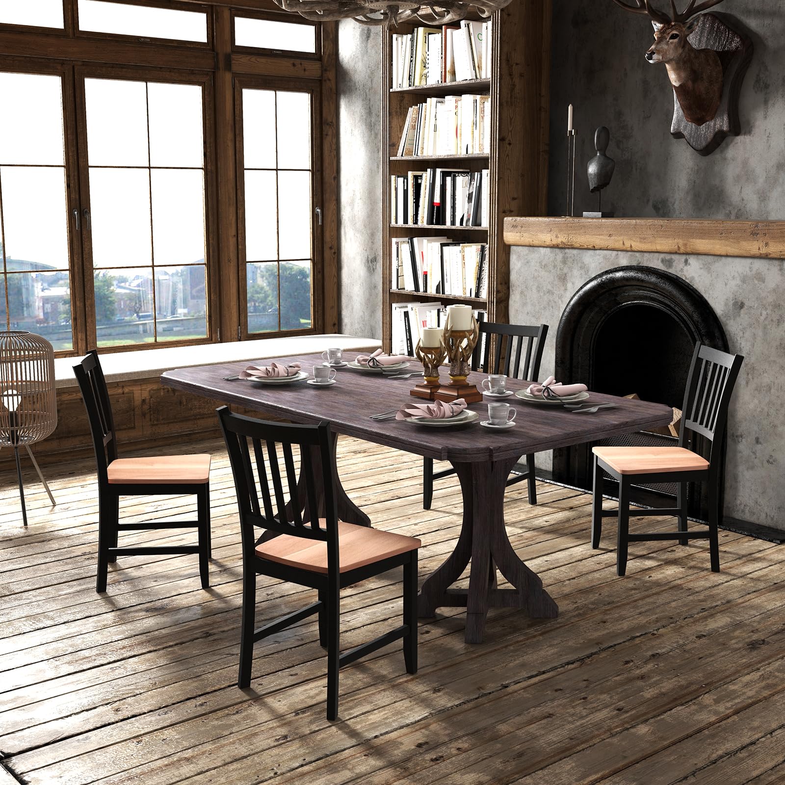 Wooden Dining Chairs Set of 4, Farmhouse Kitchen Chair with Rubber Wood Legs, Slat Back