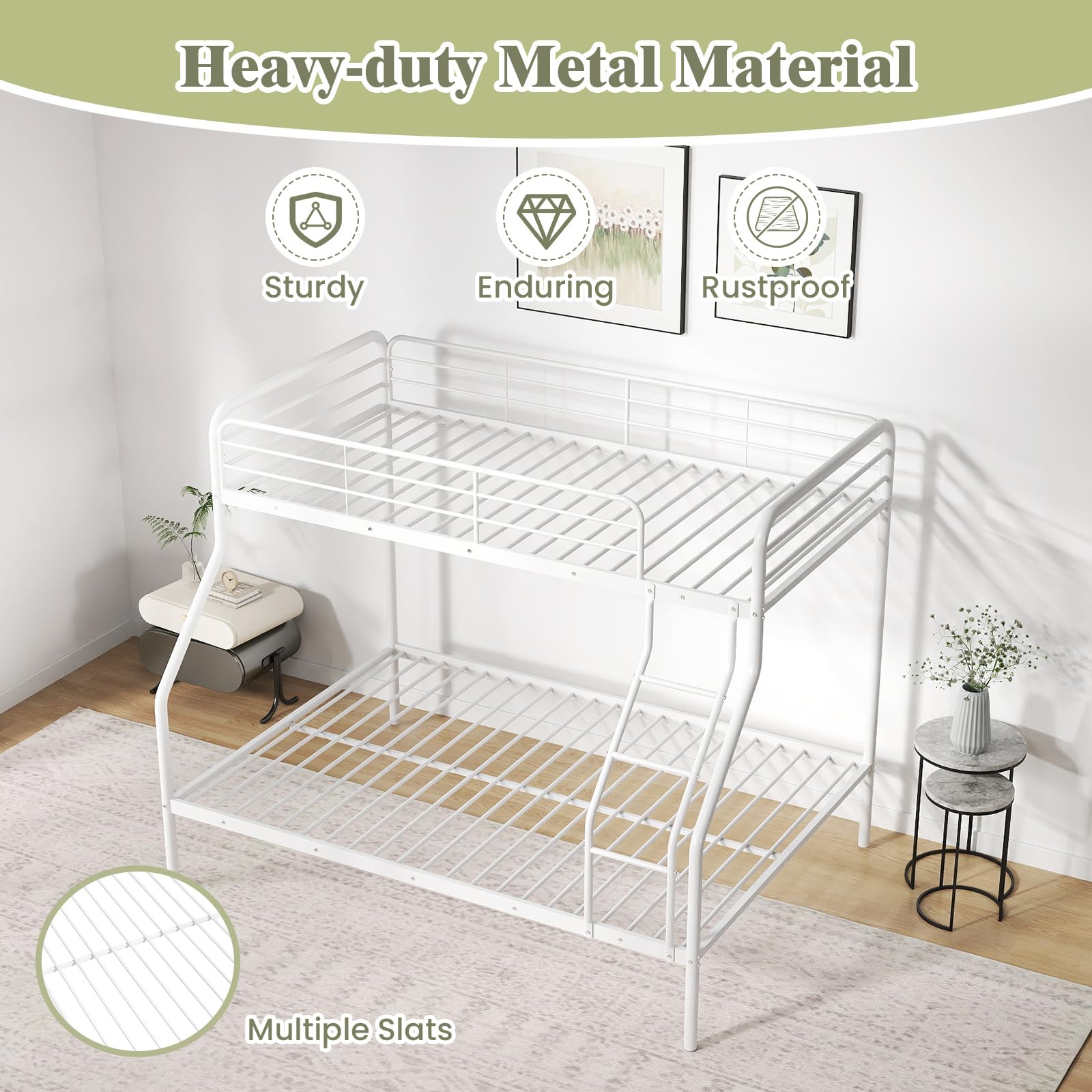 Twin Over Full Metal Bunk Bed with Inclined Ladder, Safety Guardrail