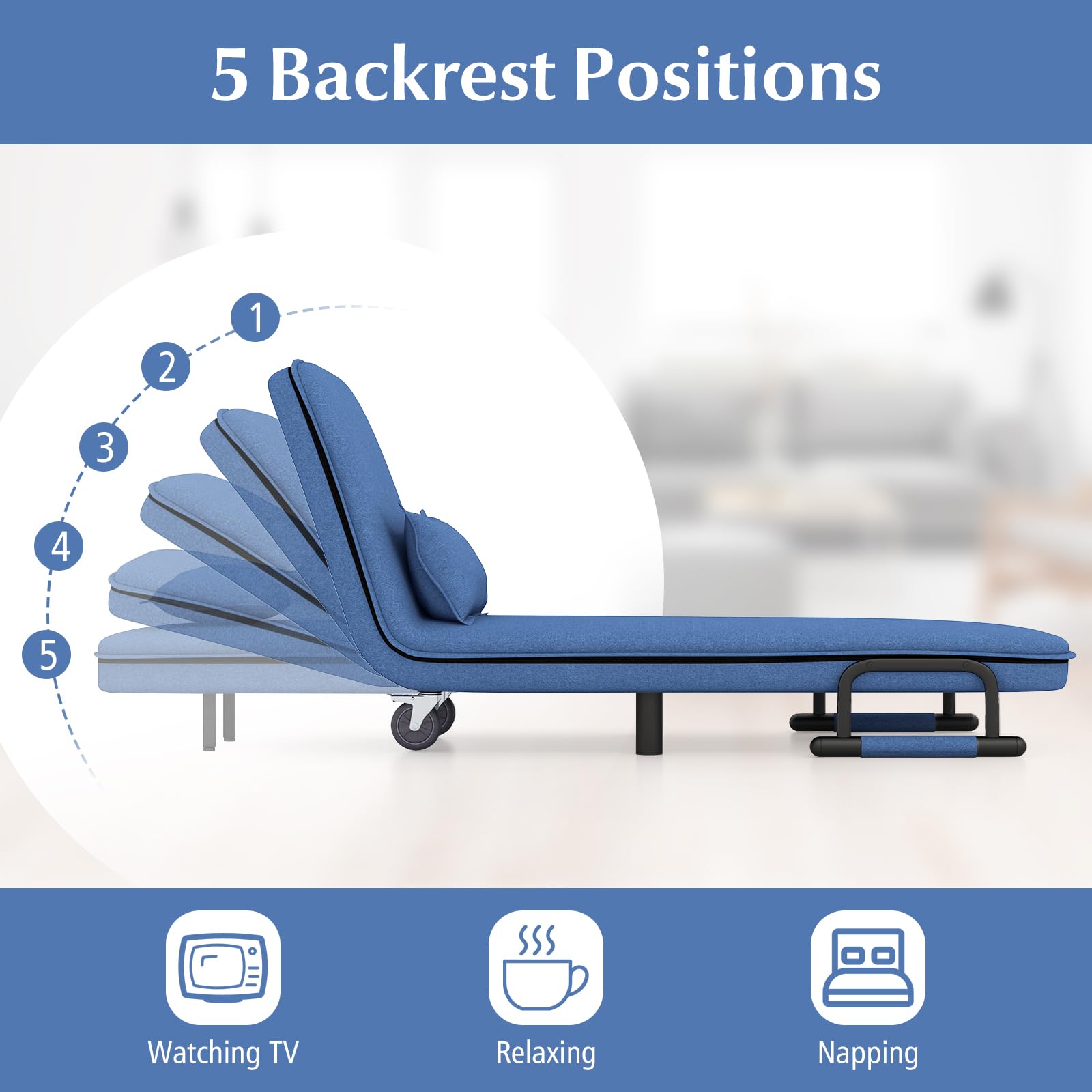 Convertible Chair Bed with 5-Position Adjustable Backrest & Lumbar Pillow, 2 Hidden Metal Legs & 2 Lockable Casters
