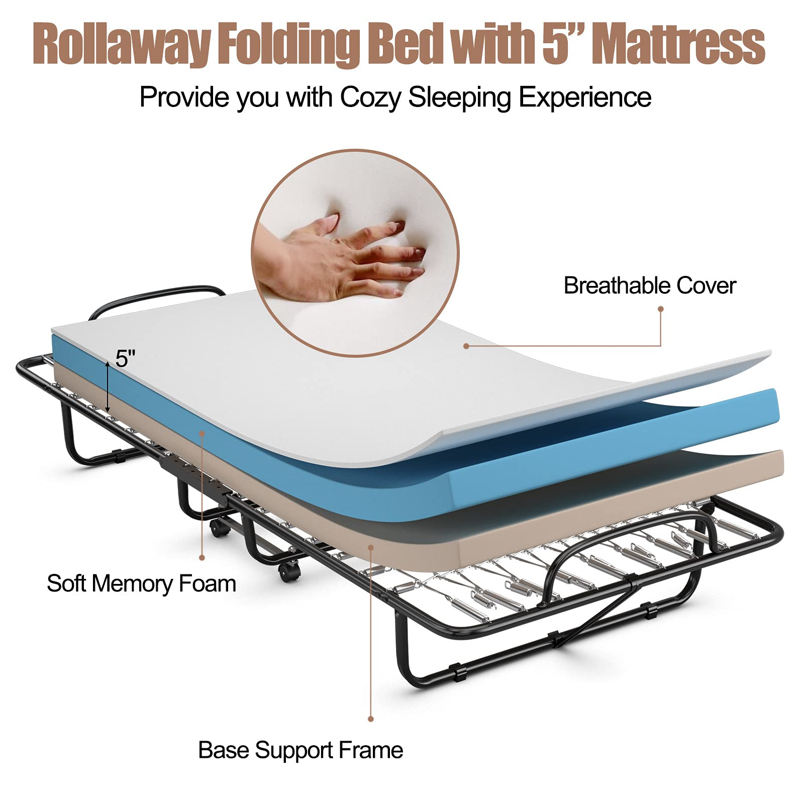 Folding Guest Bed with Mattress,  Twin Size Portable Rollaway Bed 5-Inch Memory Foam Mattress