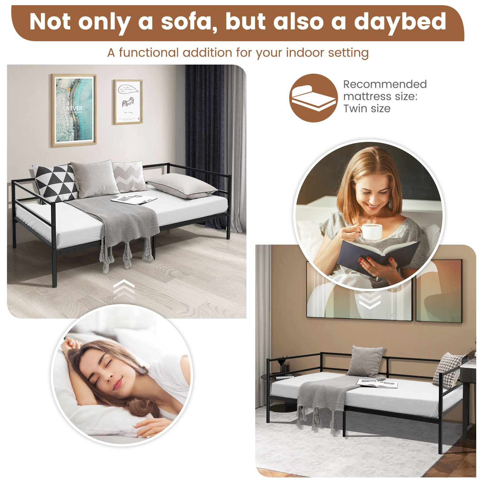 Twin Size Metal Daybed Frame, Heavy-Duty Steel Slats Support Sofa Bed