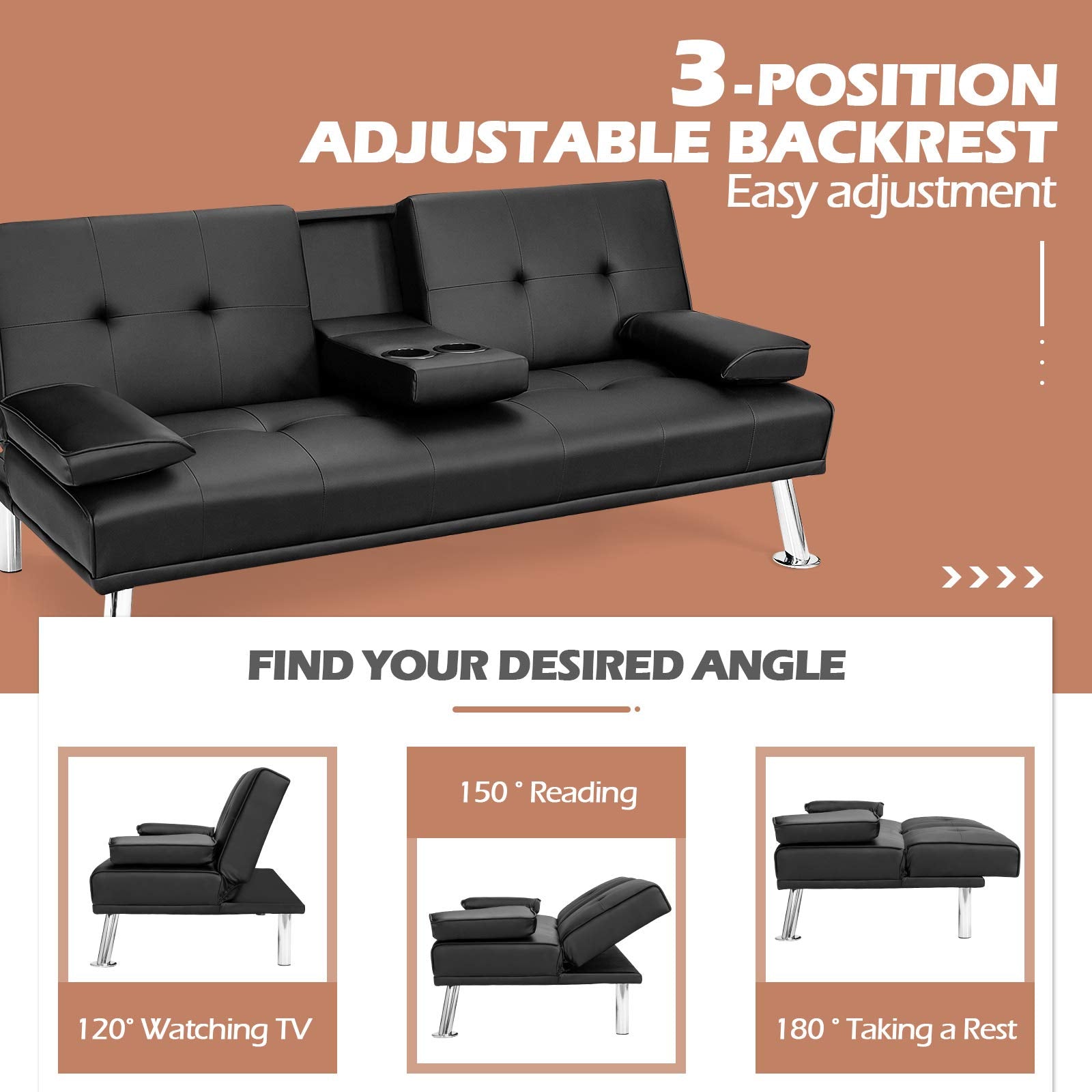 Leather Convertible Futon Sofa Bed with Removable Armrests and 2 Cup Holders