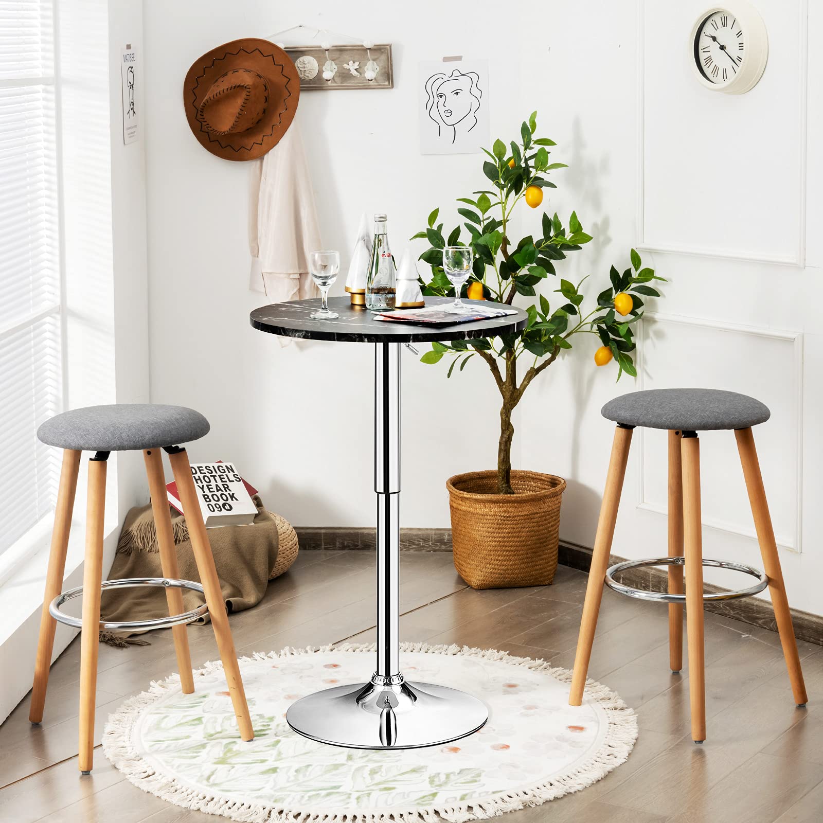Round Pub Table Height Adjustable, 360&deg; Swivel Cocktail Pub Table with Sliver Leg and Base