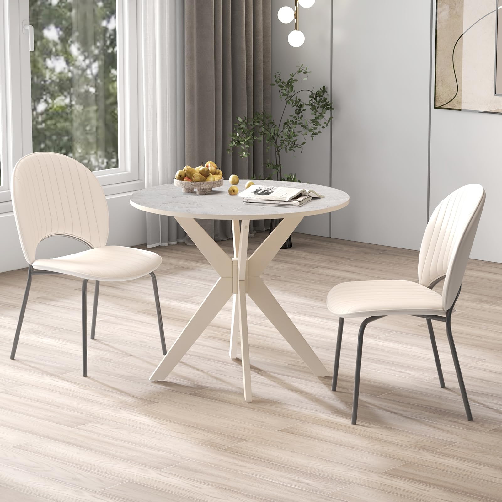 36" Round Dining Table, Solid Wood Kitchen Table with Intersecting Pedestal Base and Adjustable Foot Pads