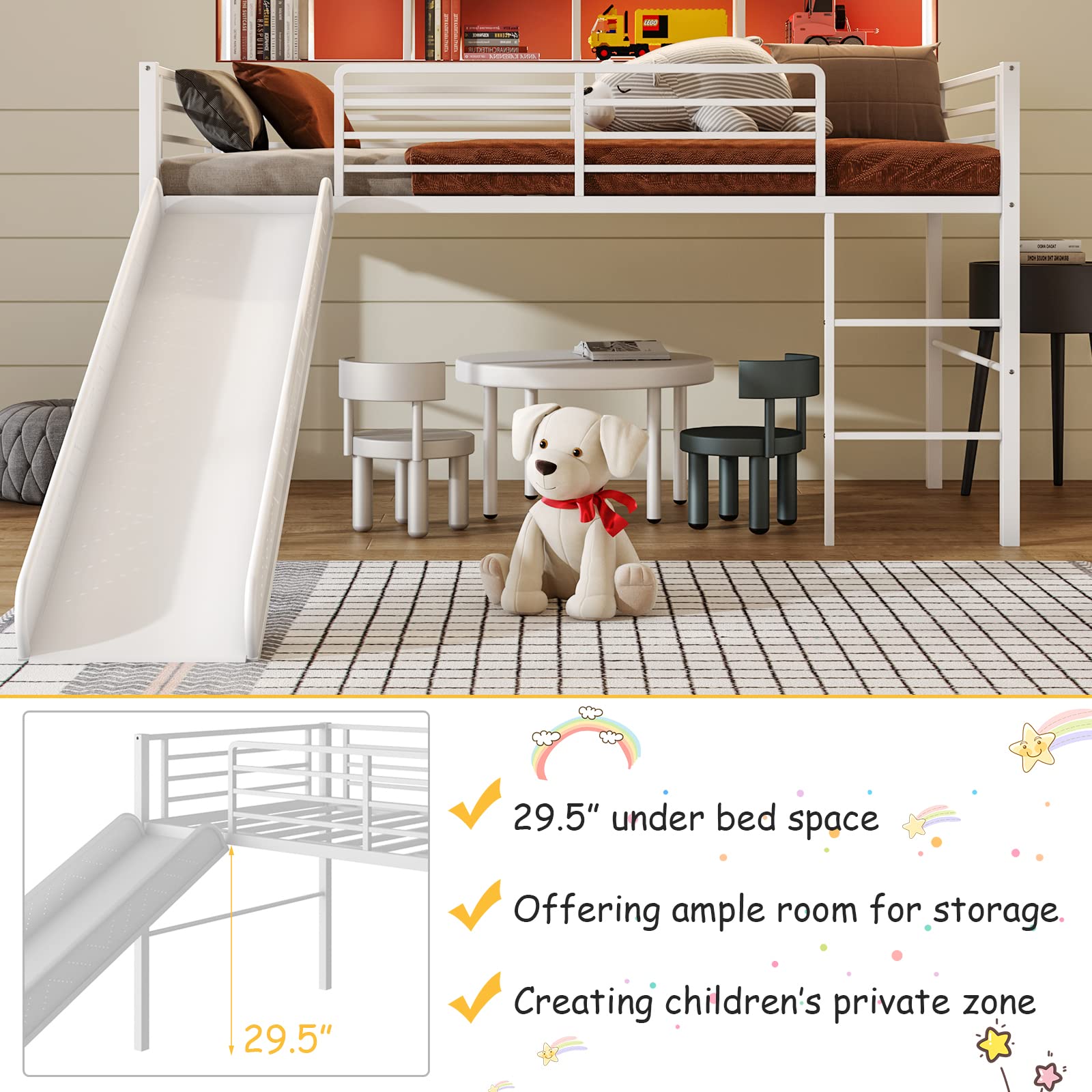 Twin Metal Low Loft Bed with Slide, Safety Guardrails & Built-in Ladder