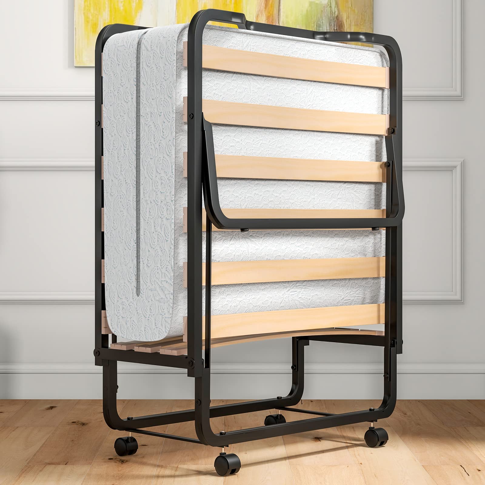 Folding Bed with 4 Inch Memory Foam Mattress & Solid Wood Slats