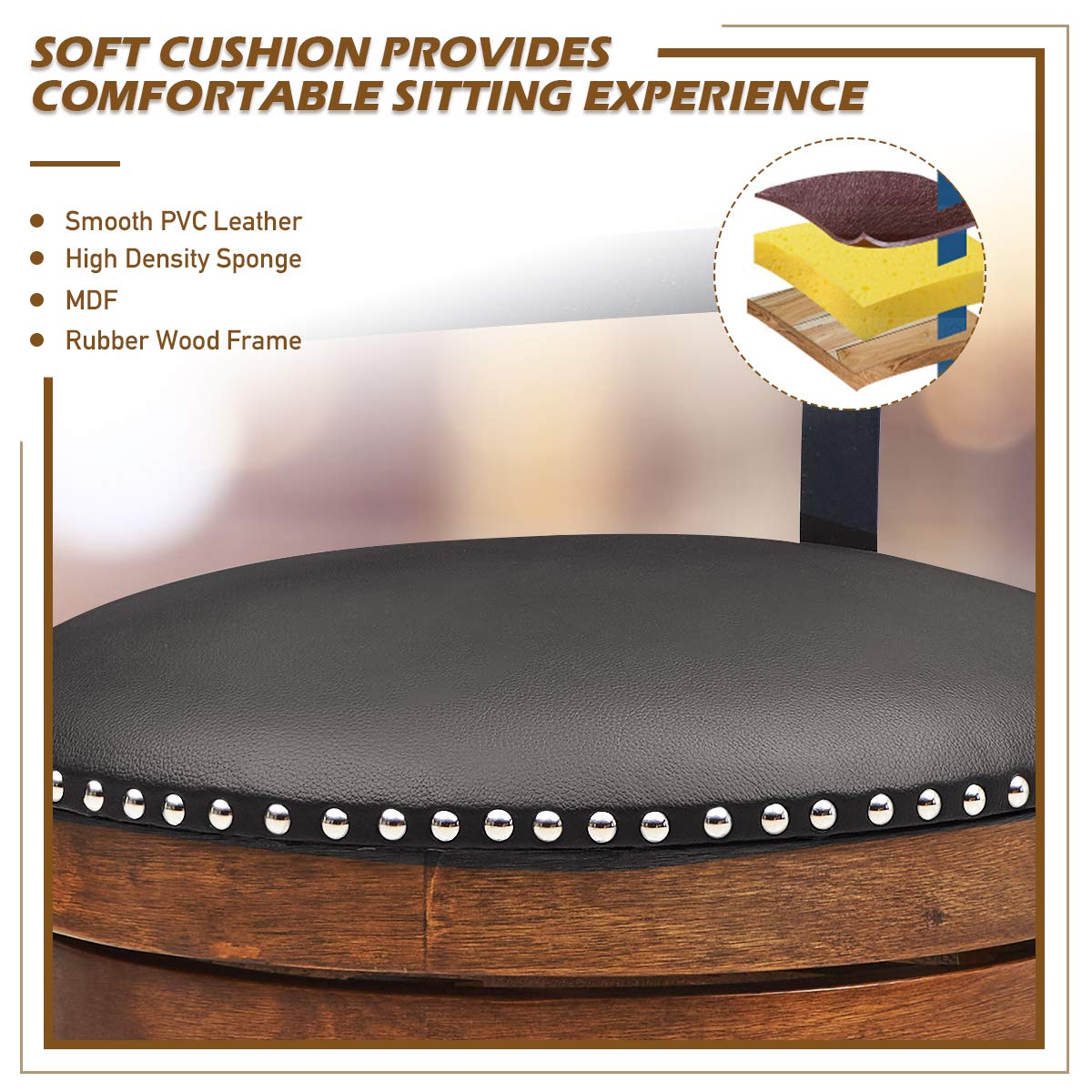 Bar Stools Set of 1/2/4, 360-Degree Swivel Stools with Leather Padded Seat, Single Slat Ladder Back & Solid Rubber Wood Legs