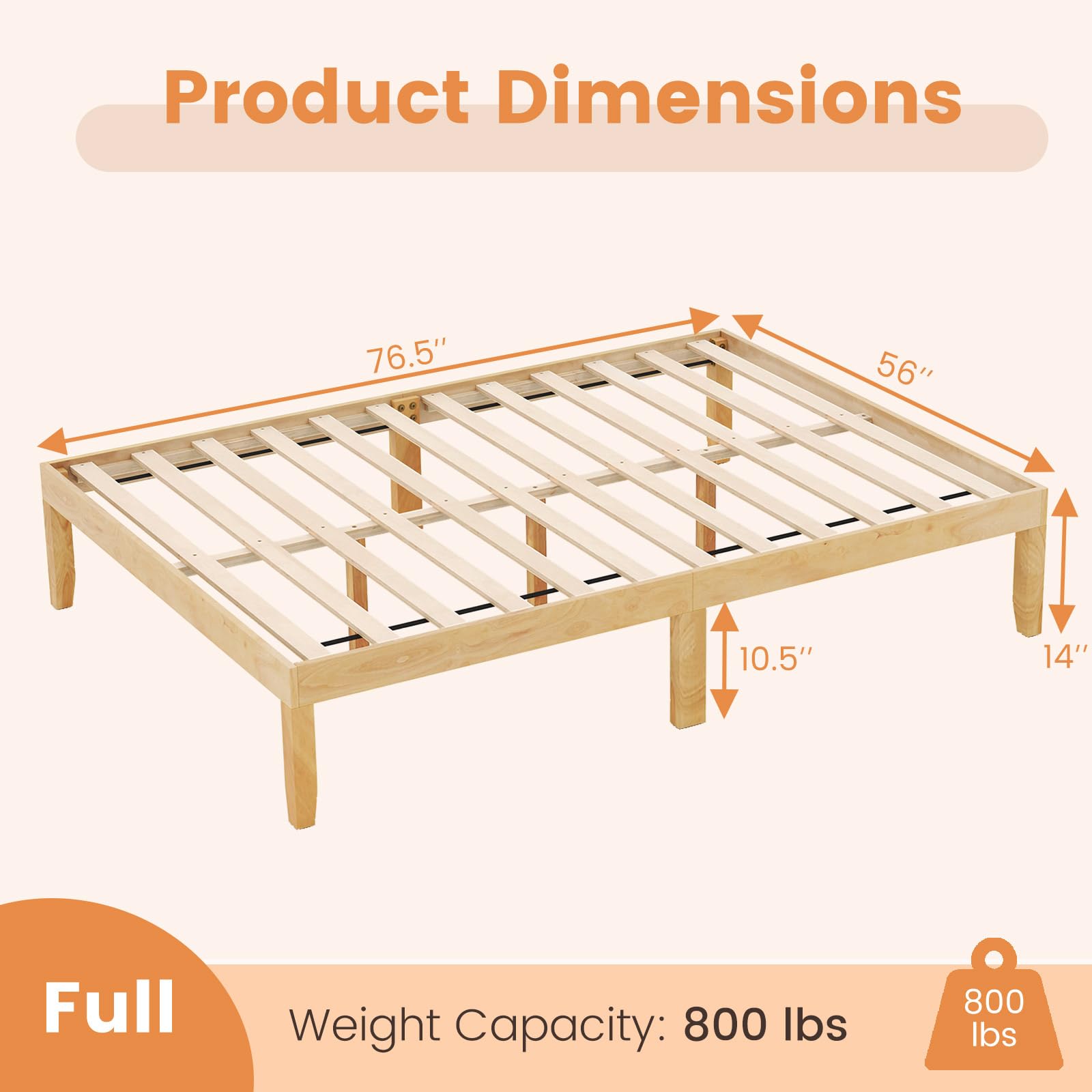 Wood Platform Bed Frame, 14 Inches Wooden Mattress Foundation with Solid Rubber Wood Legs