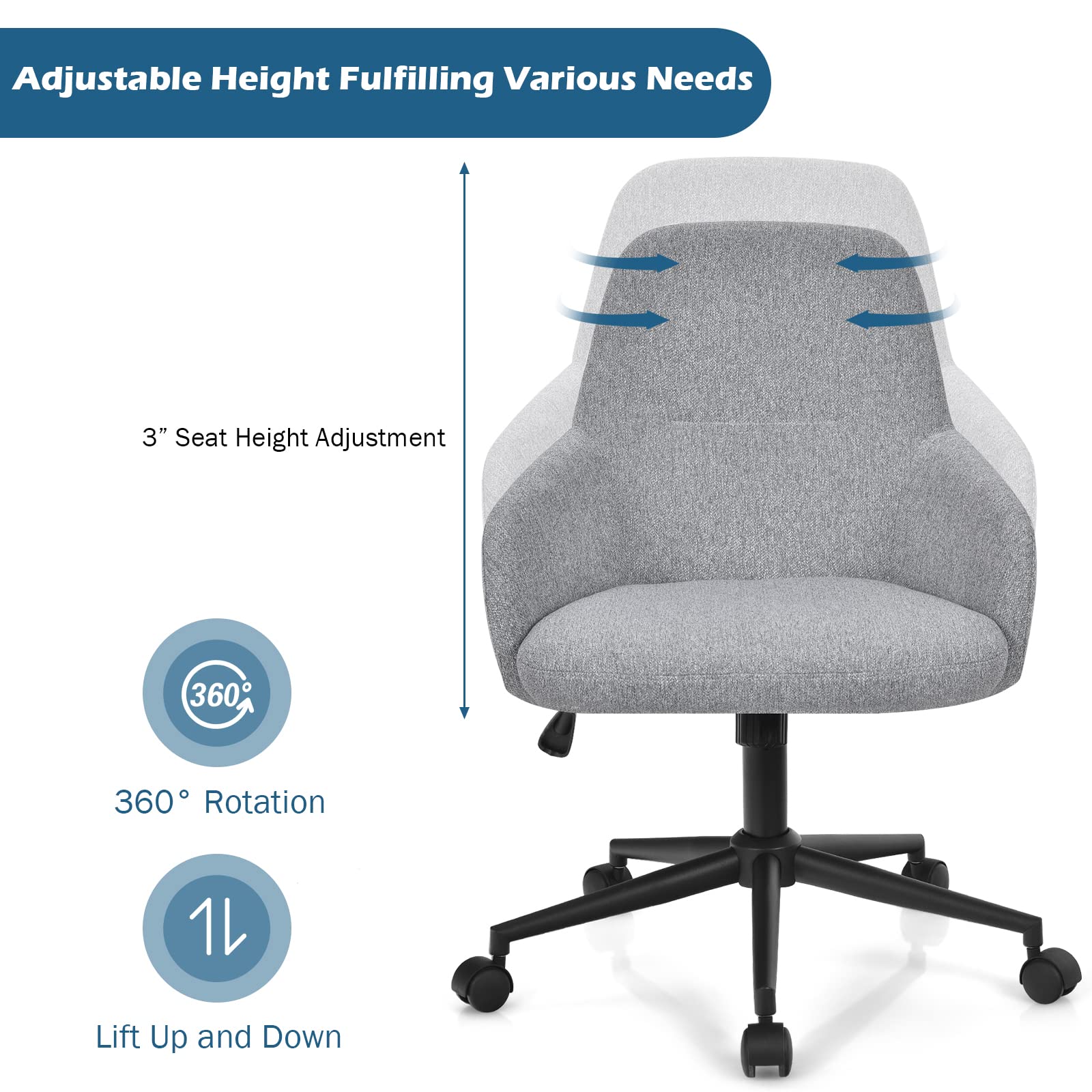 Fabric Office Chair, Upholstered Linen Leisure Chair, Ergonomic Desk Chair w/Rocking Backrest