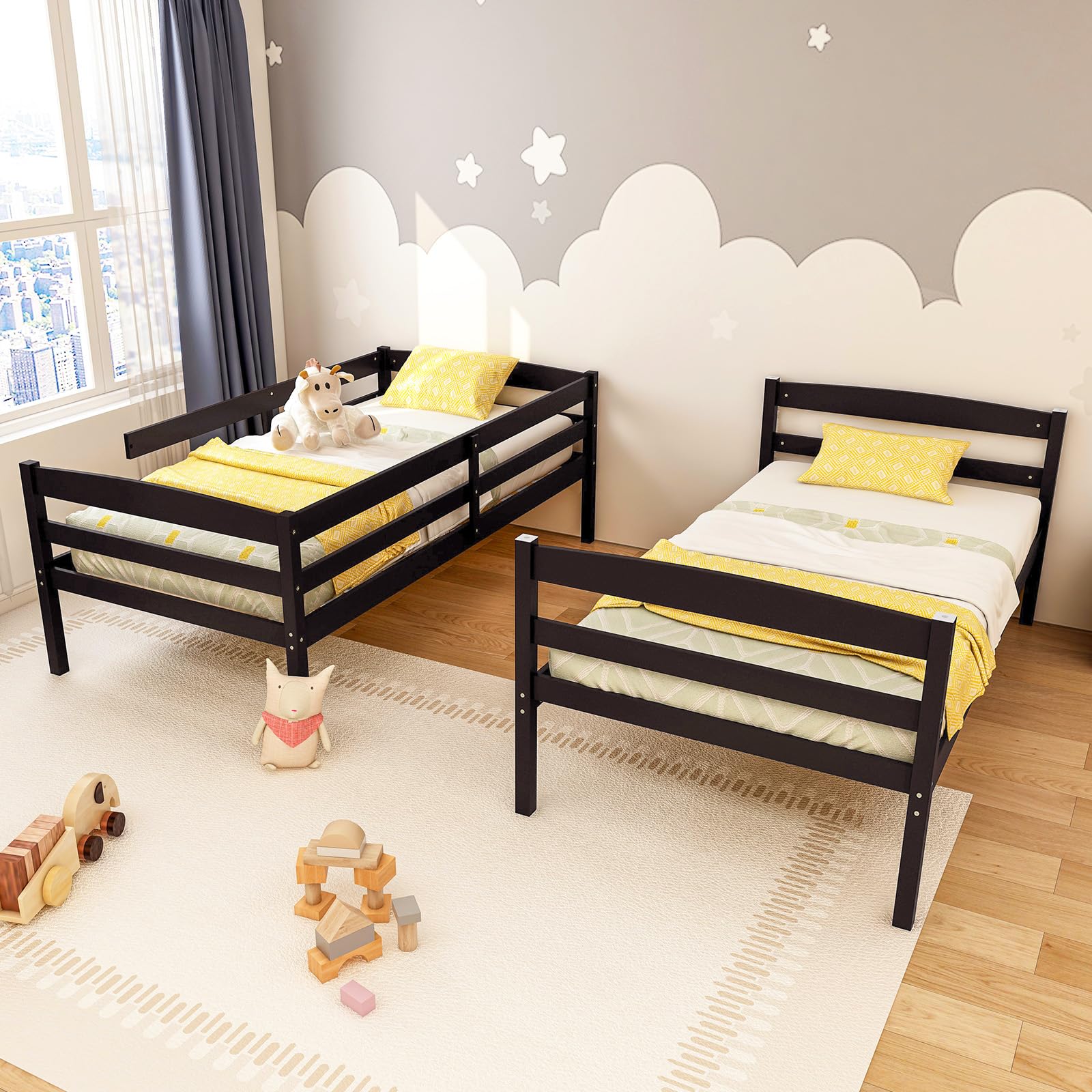 Twin Over Twin Wood Bunk Bed with Full-Length Guardrail & Integrated Ladder