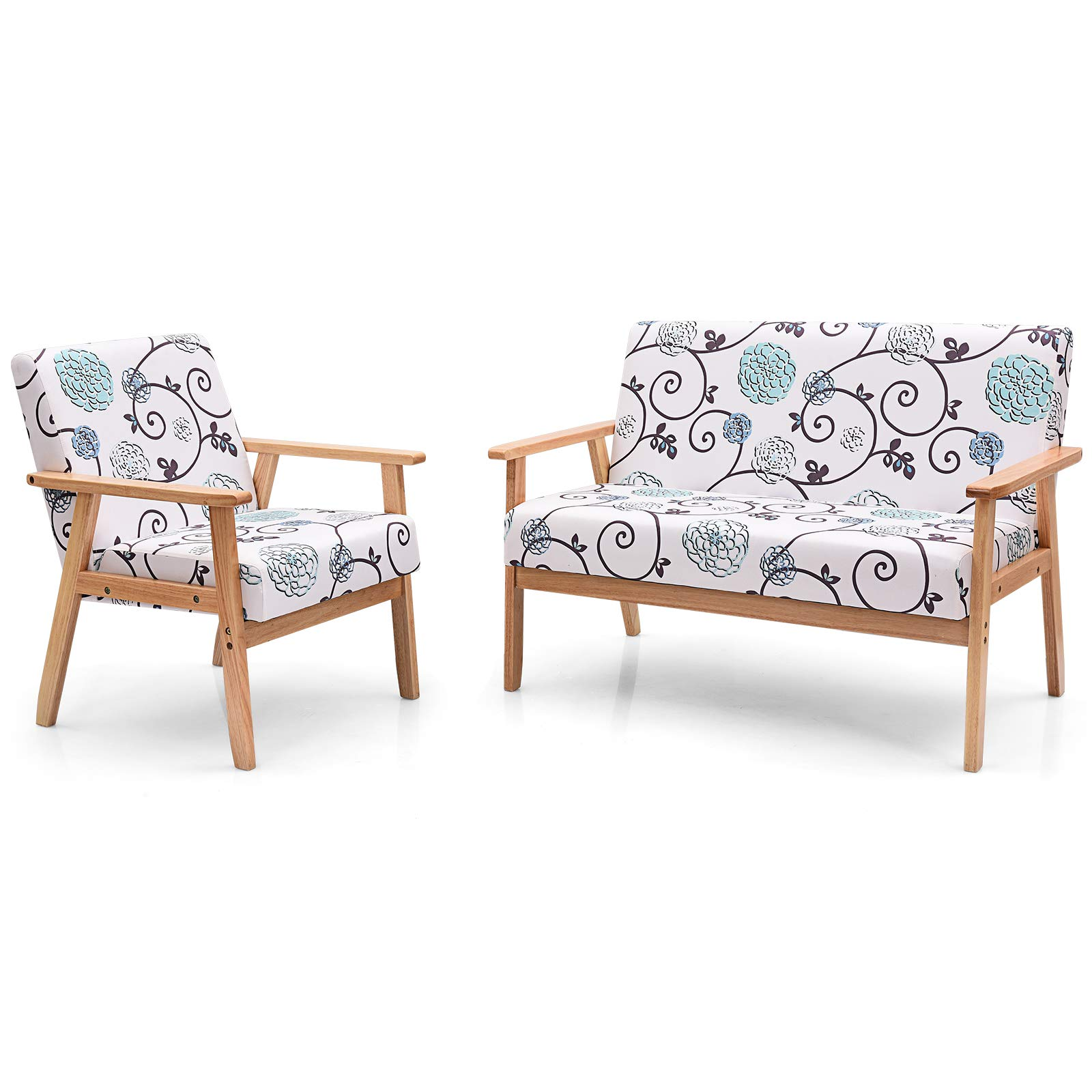 2-Seat Mid-Century Upholstered Wooden Loveseat w/Rubber Wood