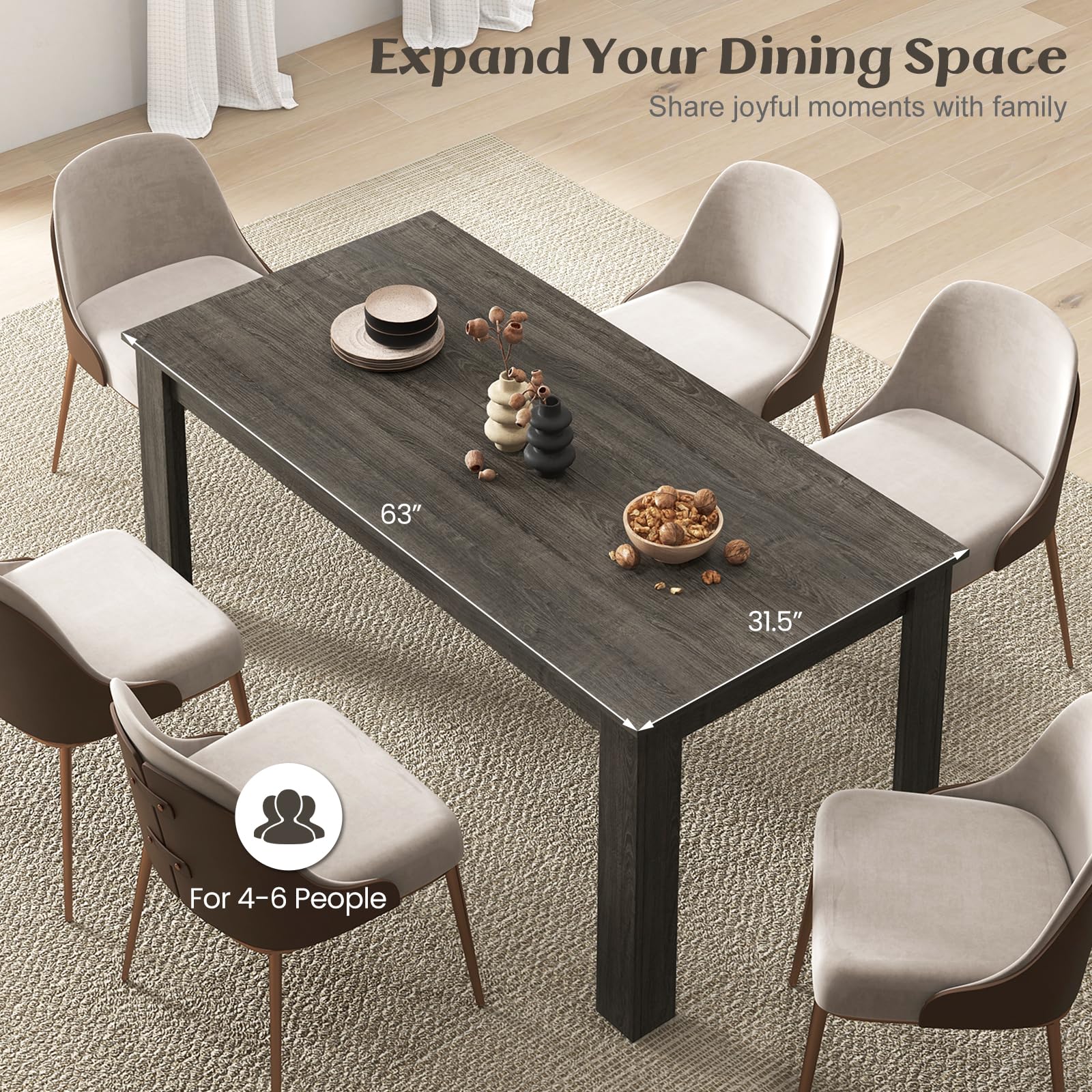 Black Dining Table for 6, Wood Rectangular Table, 63" L x 31.5" W x 30" H Large Farmhouse Center Table