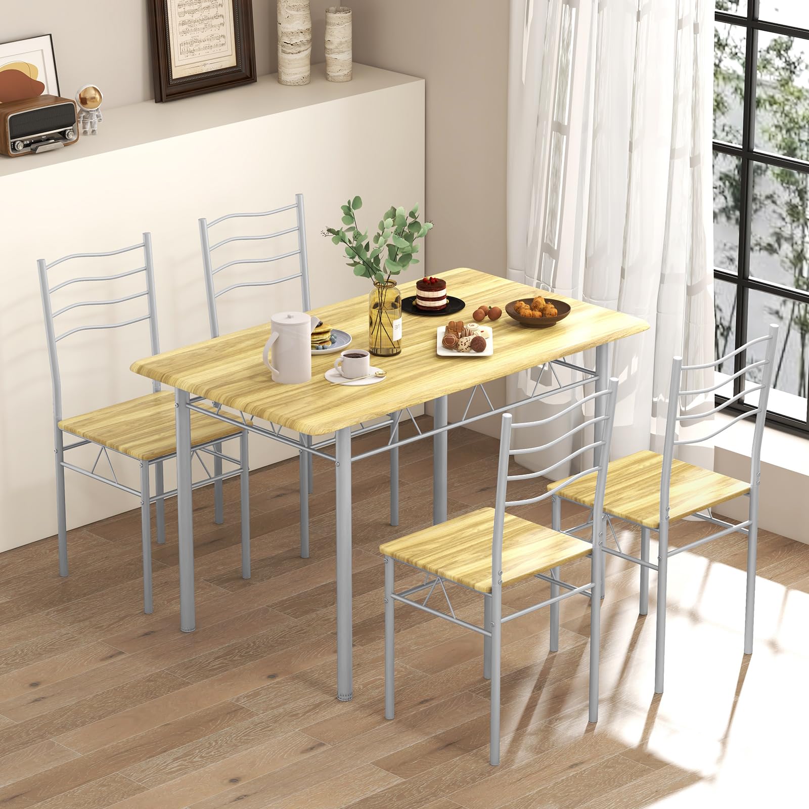 5 Piece Dining Table Set with 4 Chairs, Metal Frame Wood Like Tabletop Kitchen Furniture