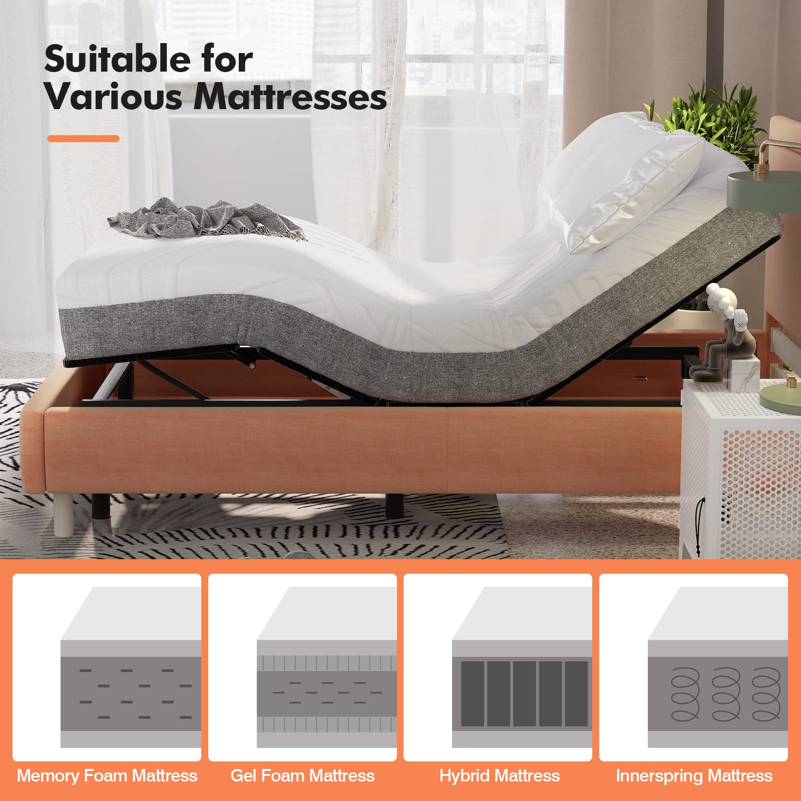 Adjustable Bed Base with Remote, Electric Reclining Bed with Head & Foot Incline, LED Under-Bed Lighting and Dual USB Port