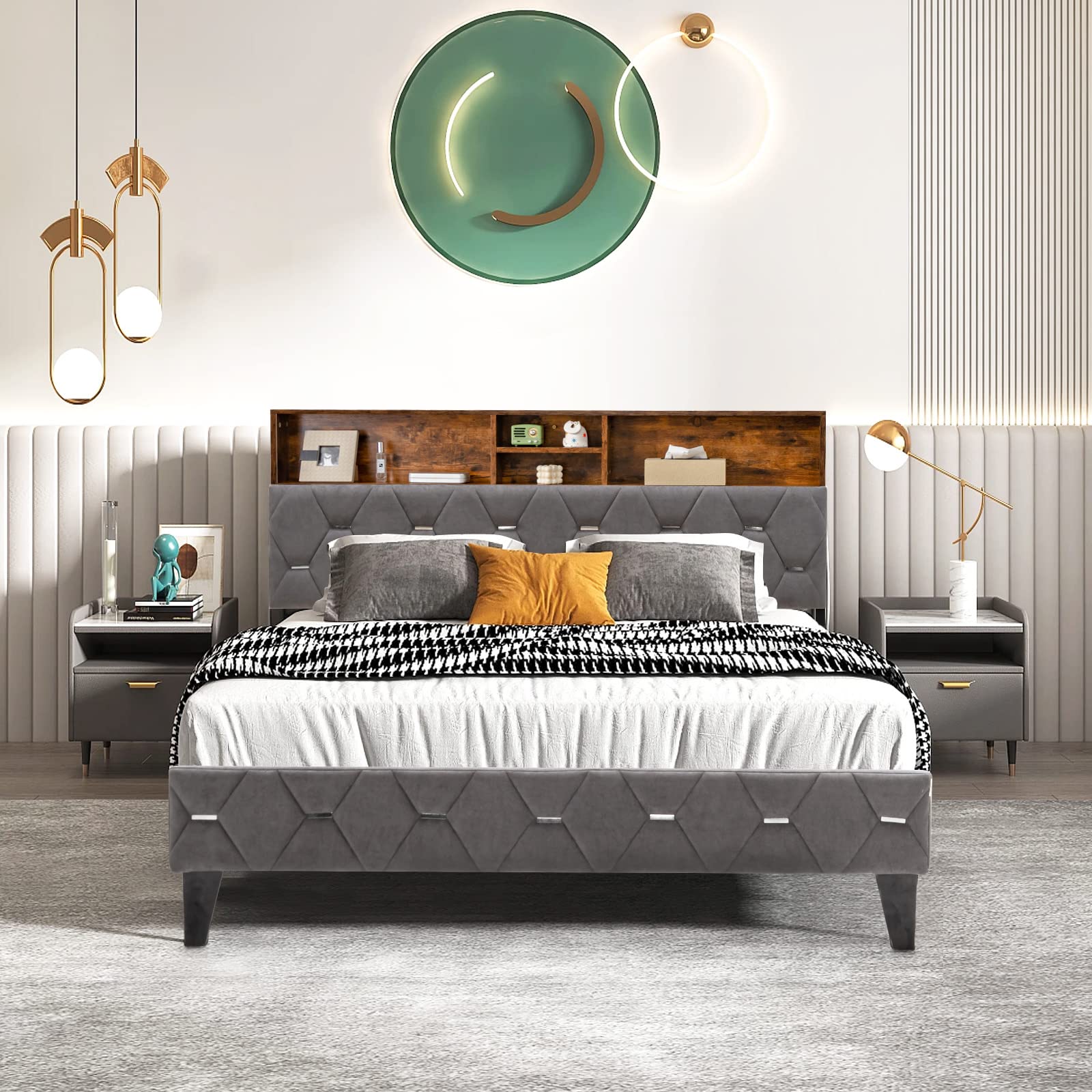 Upholstered Full/Queen Bed Frame with Storage Headboard, Platform Bed Frame