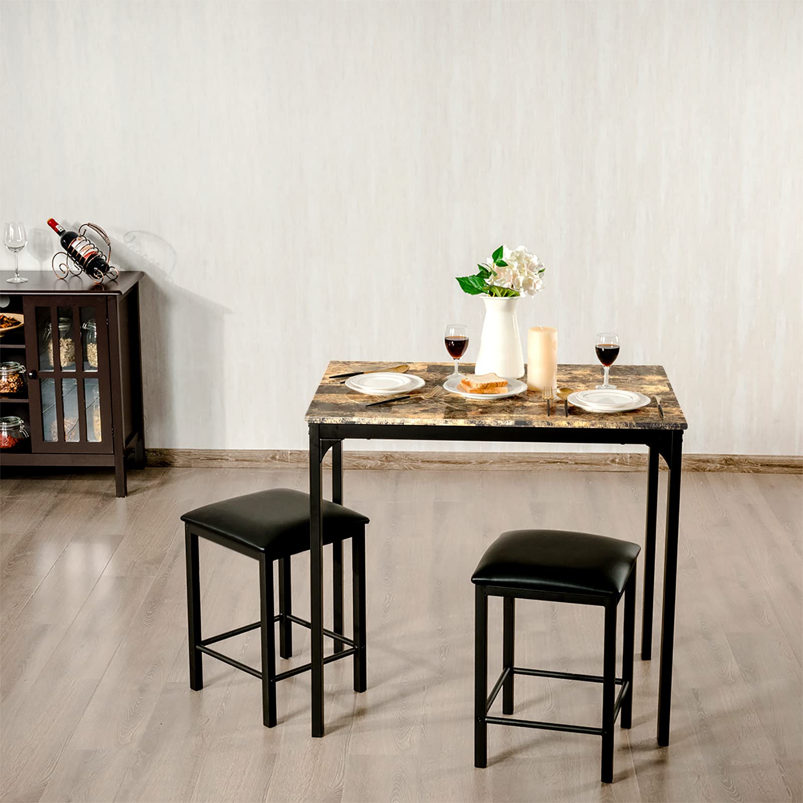 3 Piece Dining Table and Chairs Set with Faux Marble Tabletop 2 Chairs