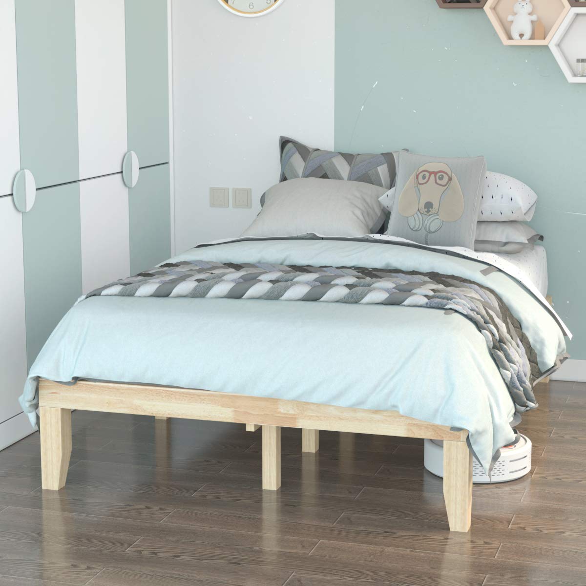 14 Inches Wood Platform Bed Frame, Solid Wood Mattress Foundation with Rubber Wood Frame