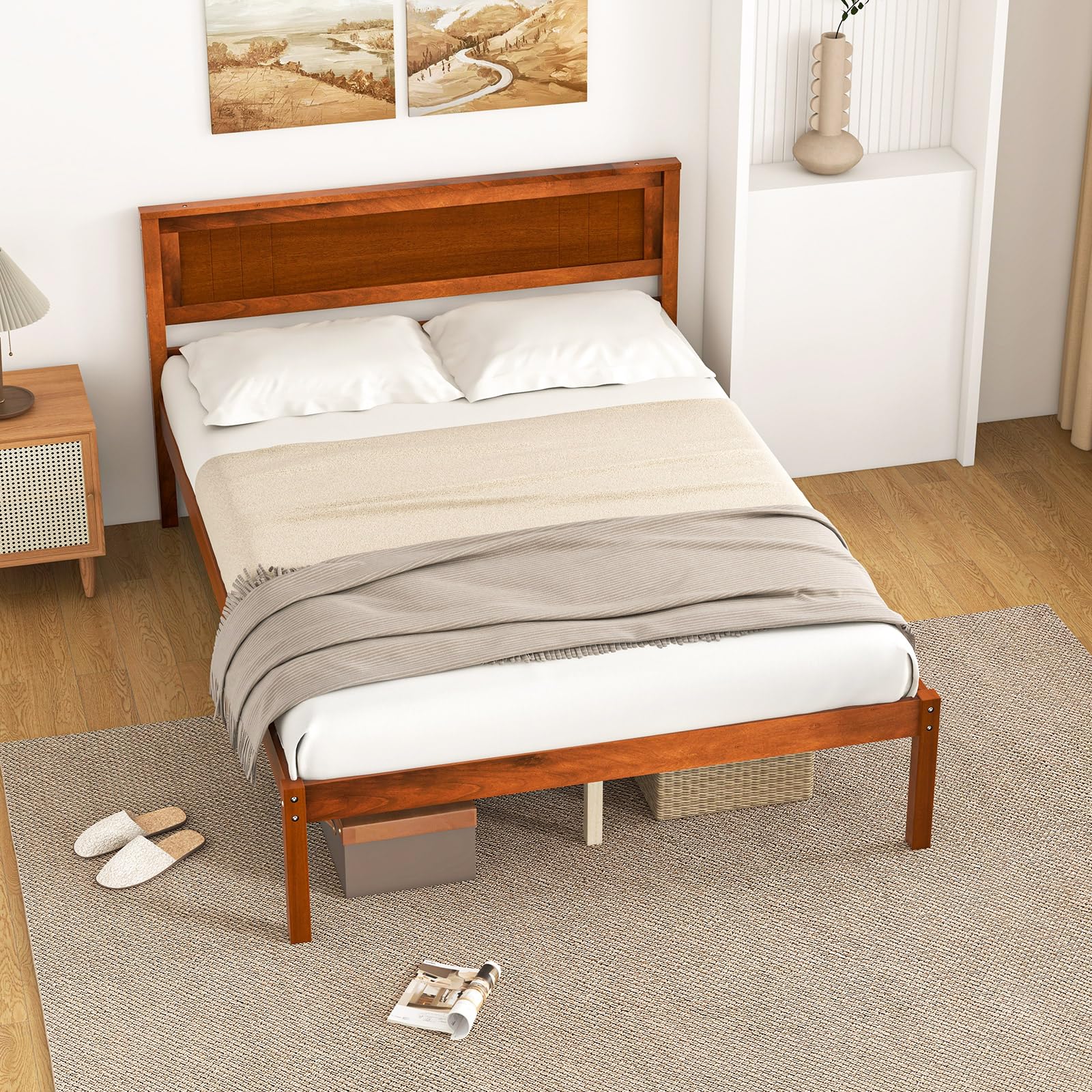 Wooden Platform Bed Frame with Headboard & Wood Slat Support