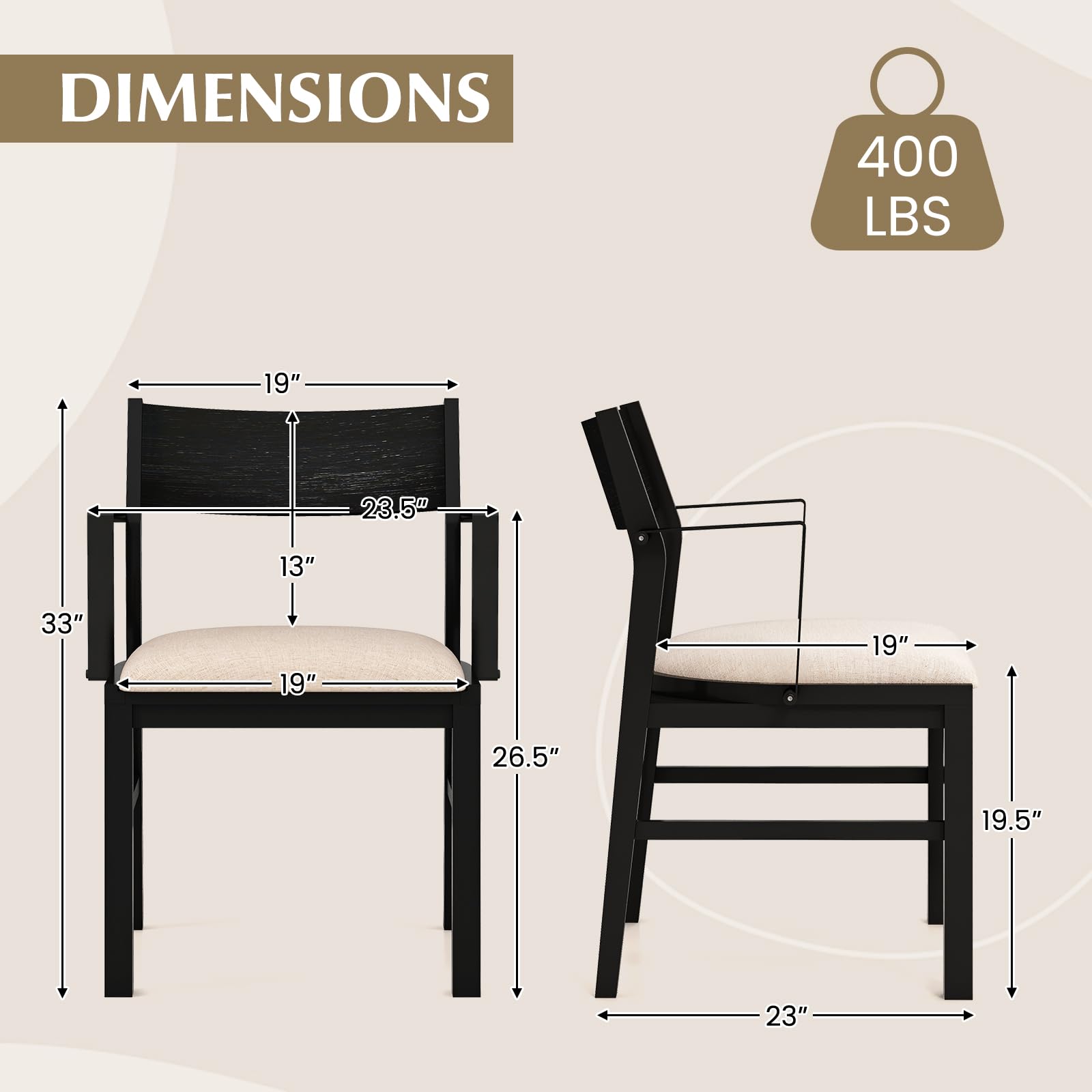 Dining Chairs Set of 2/4 with Padded Seat, Metal Armrest, Solid Rubber Wood Legs