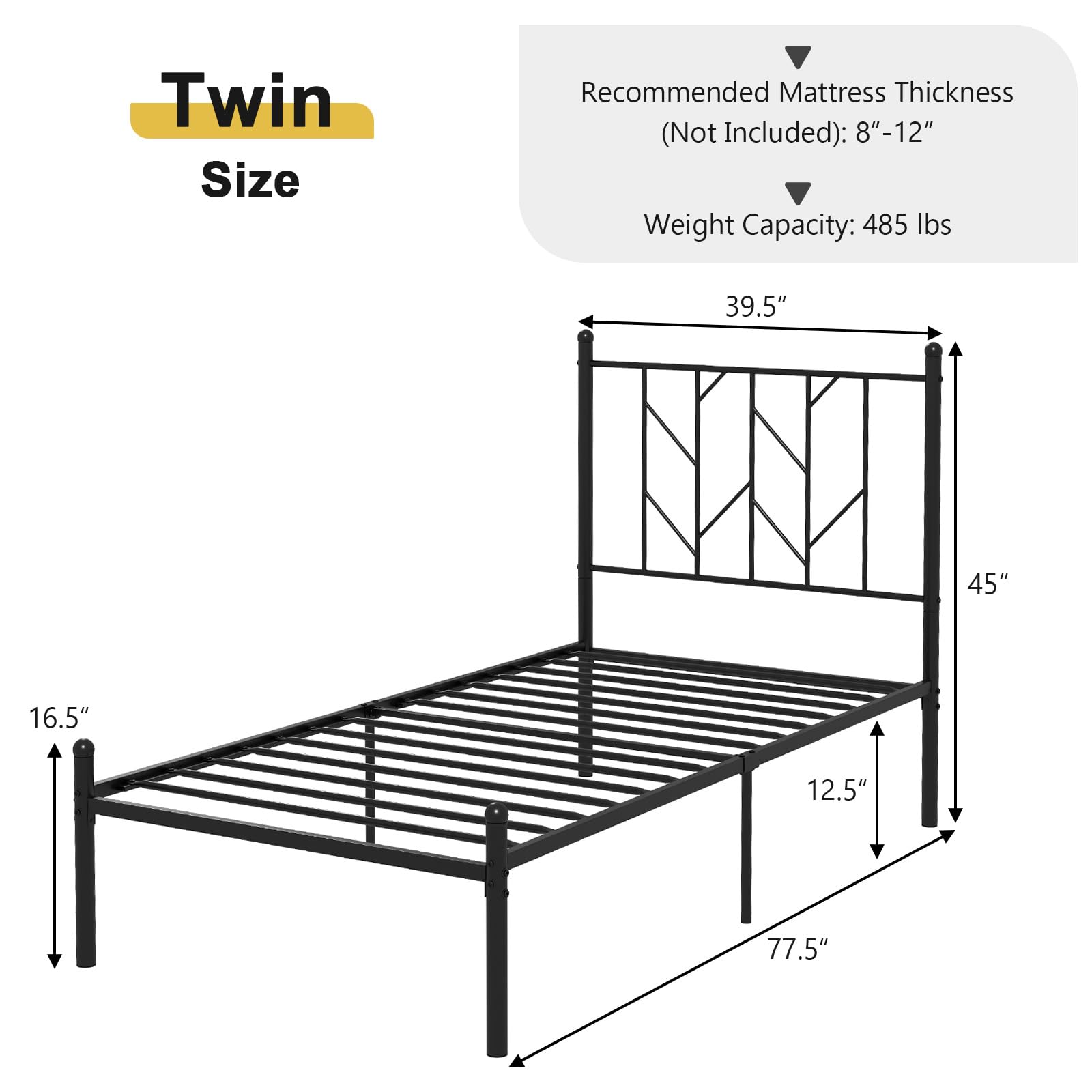 Metal Bed Frame with Victorian Style Headboard, 14 Metal Slats Support
