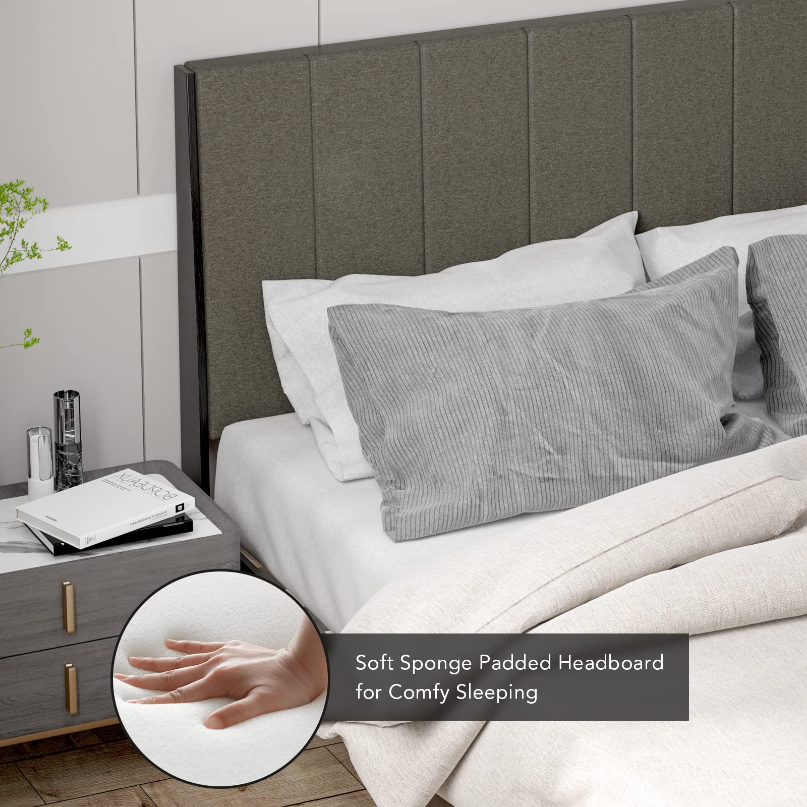 Upholstered Bed Frame, Wooden Slats Support, Queen Mattress Foundation with Tufted Headboard