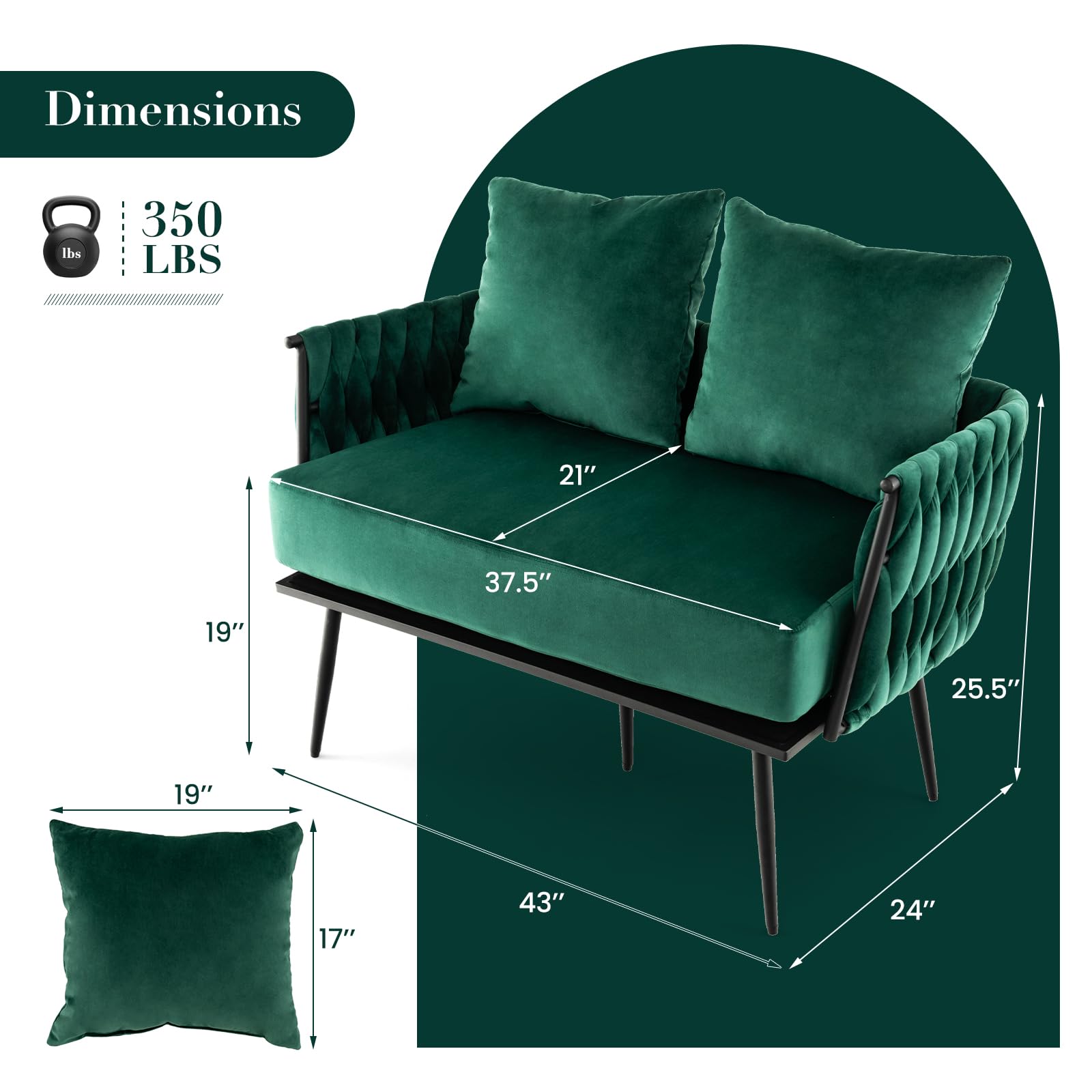 43&rdquo; Loveseat Sofa, Modern Upholstered 2-Seat Sofa with 2 Back Pillows, Woven Backrest & Armrest