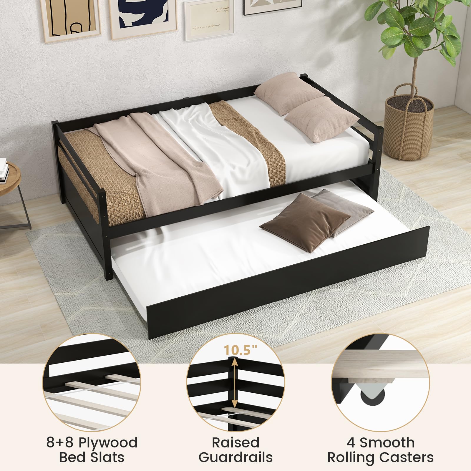 Twin Daybed with Trundle, Wood Trundle Bed with Wood Slat Support
