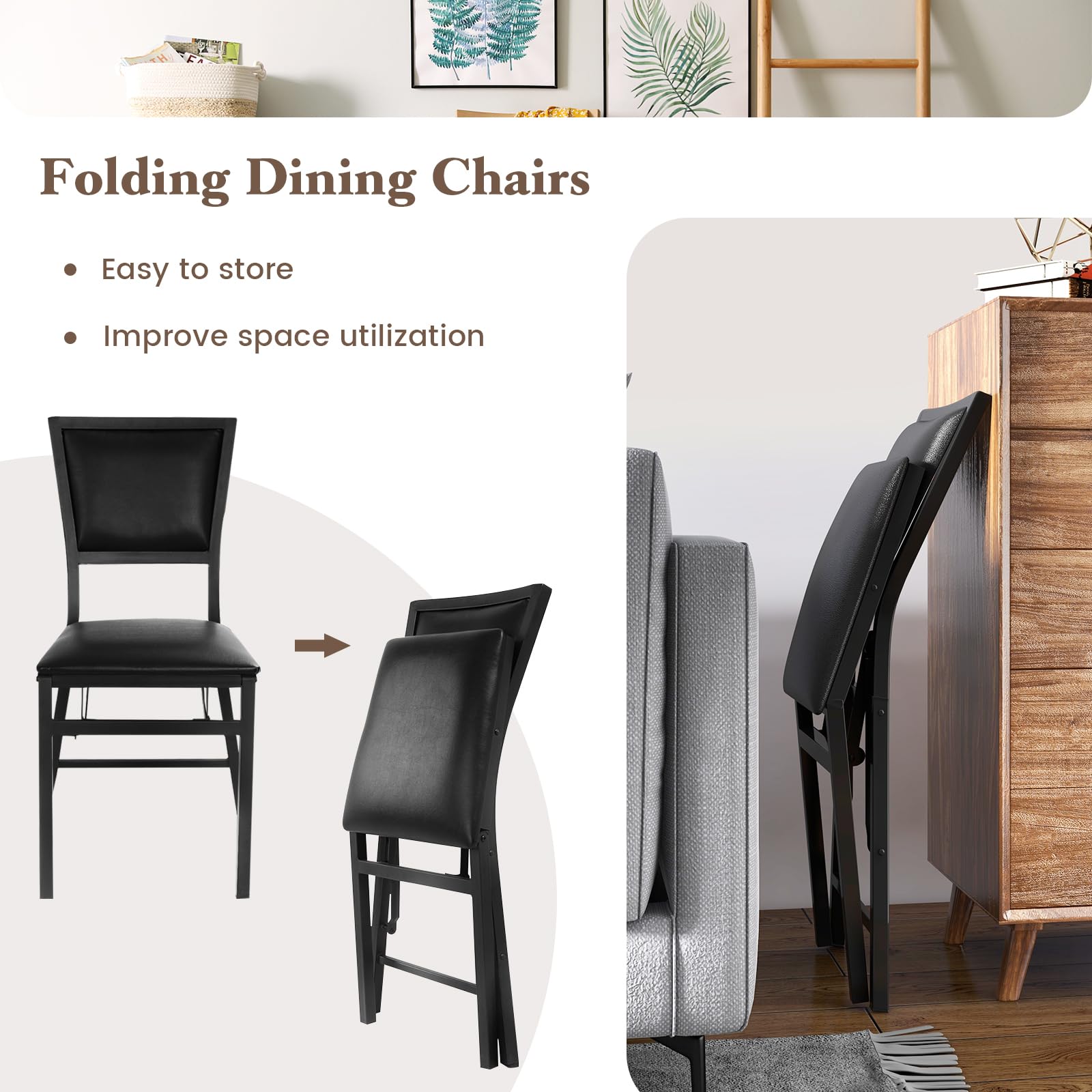 Folding Dining Chairs Set of 2/4 with Padded Seats, Sturdy Metal Frame