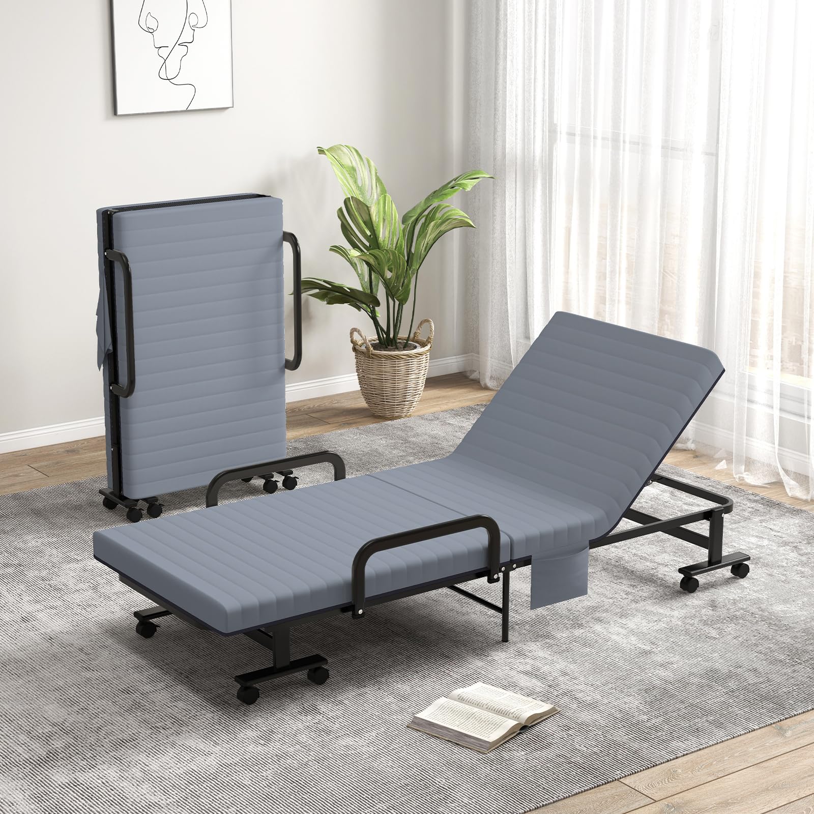 Portable Guest Bed with 6 Positions Adjustable Backrest & Side Storage Pocket