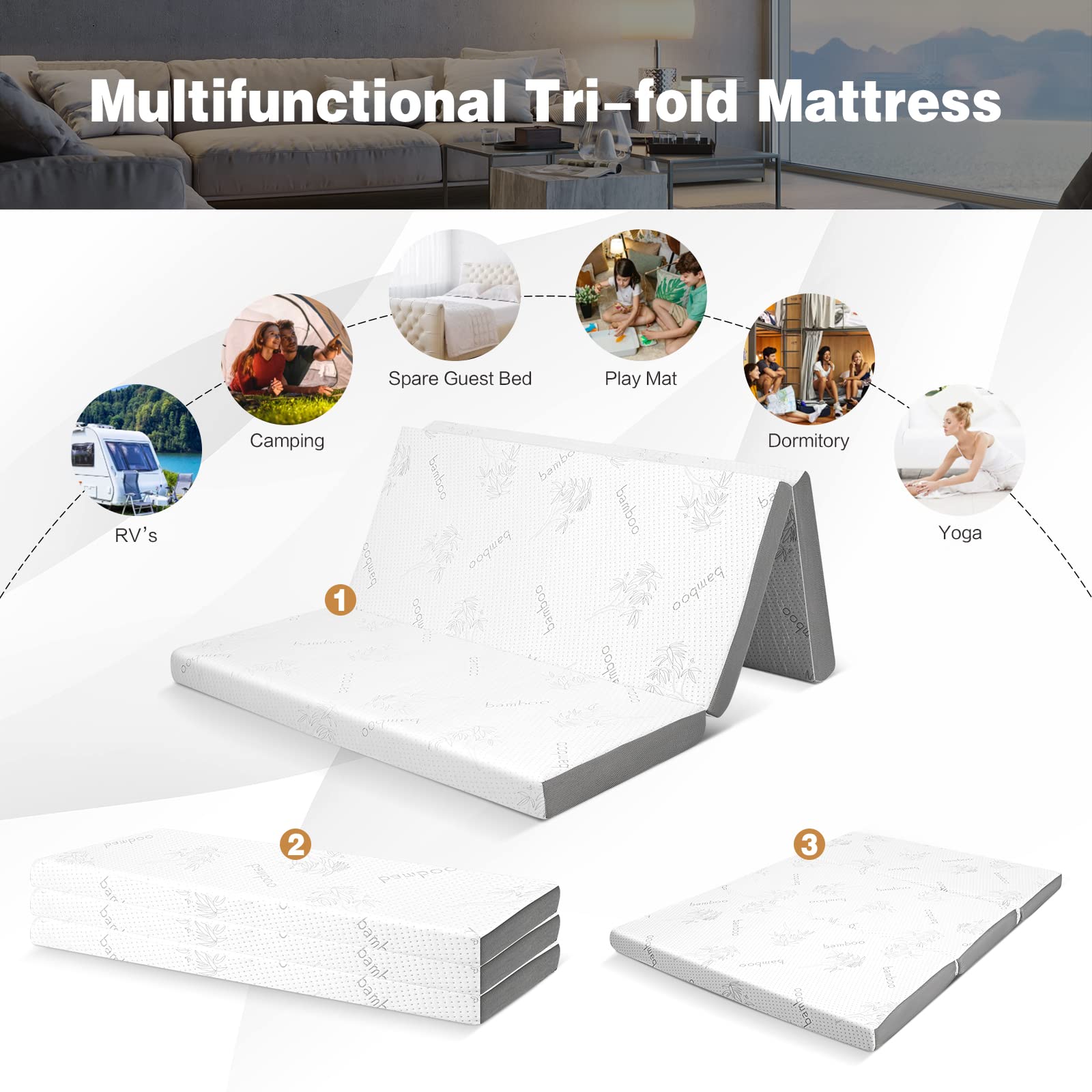 4" Tri-Folding Mattress with Storage Bag, Cool Gel Memory Foam Mattress with Removable Bamboo Cover