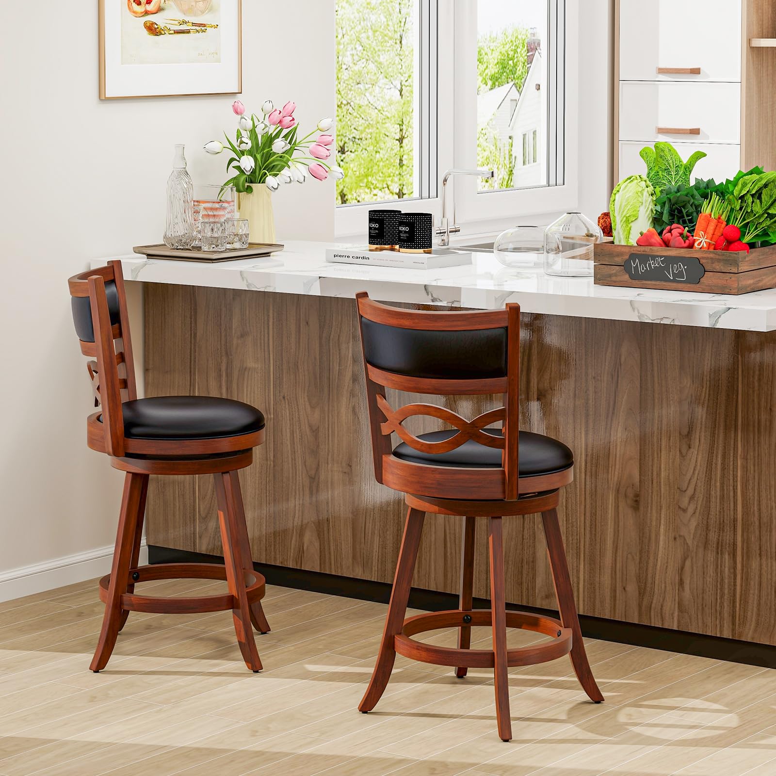 Bar Stools Set of 2/4, 24.5&rdquo; Counter Height Stools with Rubber Wood Frame, Faux Leather Upholstered Seat and Backrest