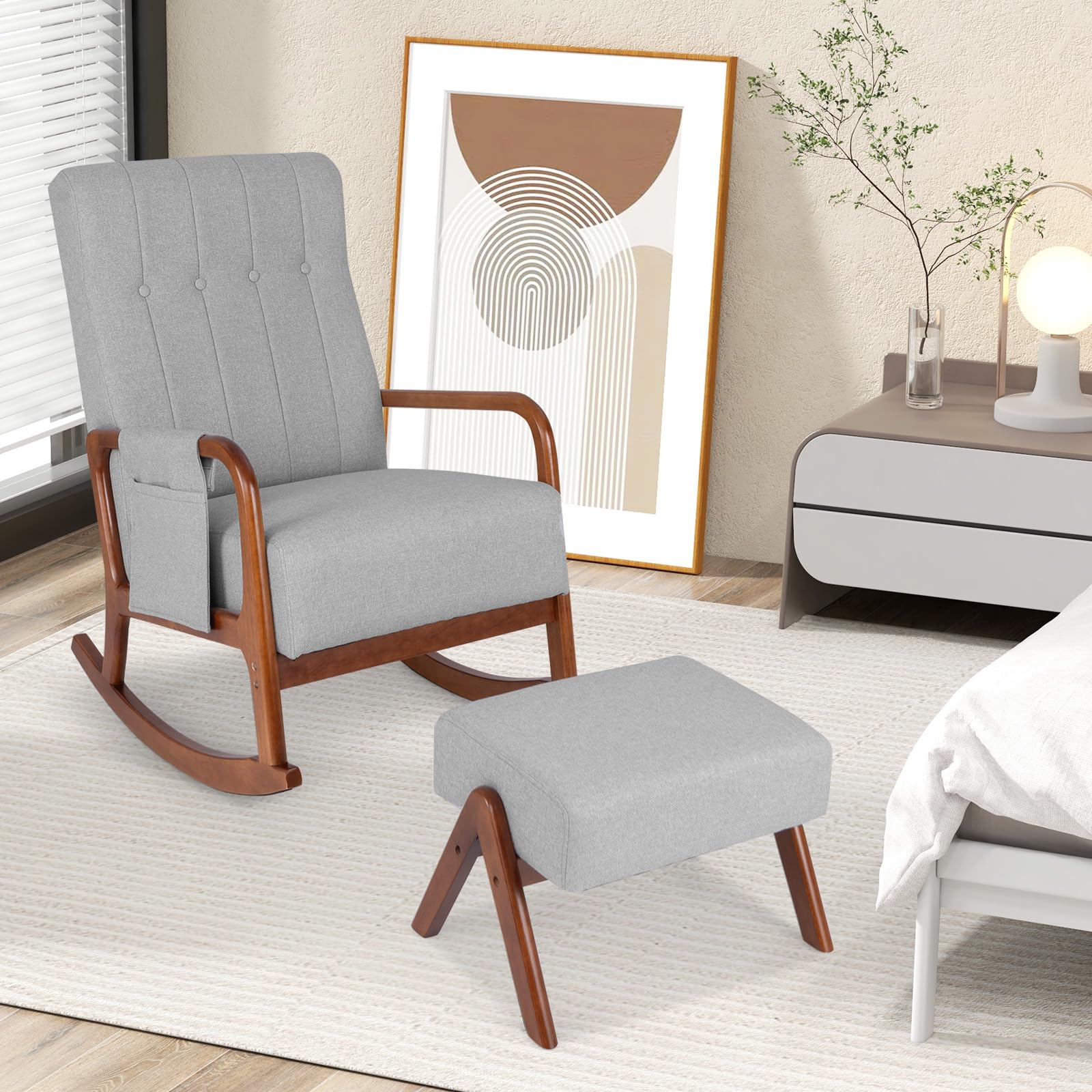 Nursery Rocking Chair with Ottoman, Upholstered Rocker Chair with Side Pocket