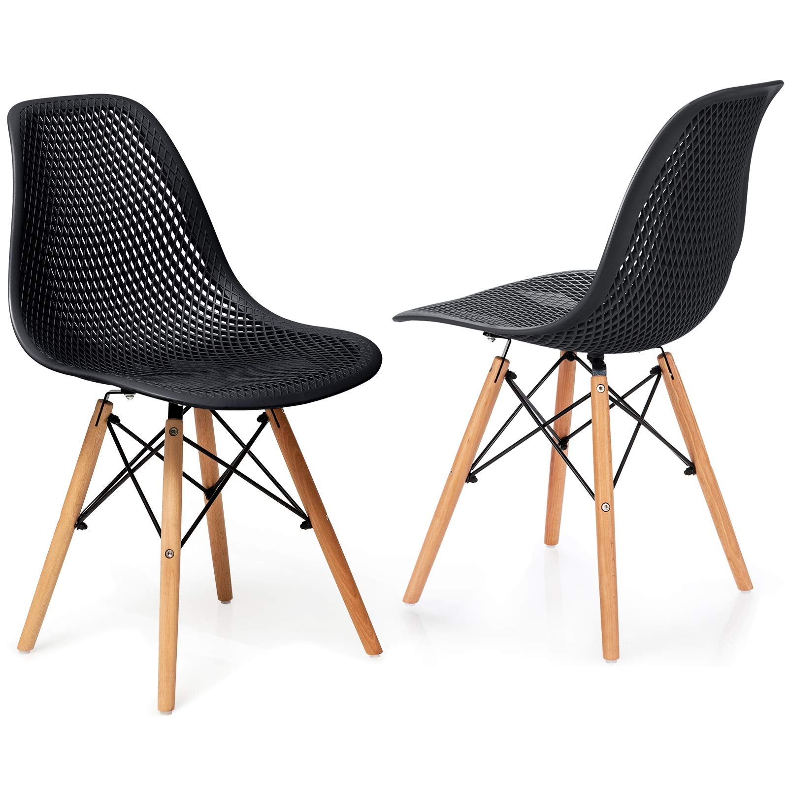 Set of 2/4 Modern Dining Chairs, Outdoor Indoor Shell PP Lounge Side Chairs with Mesh Design, Beech Wood Legs