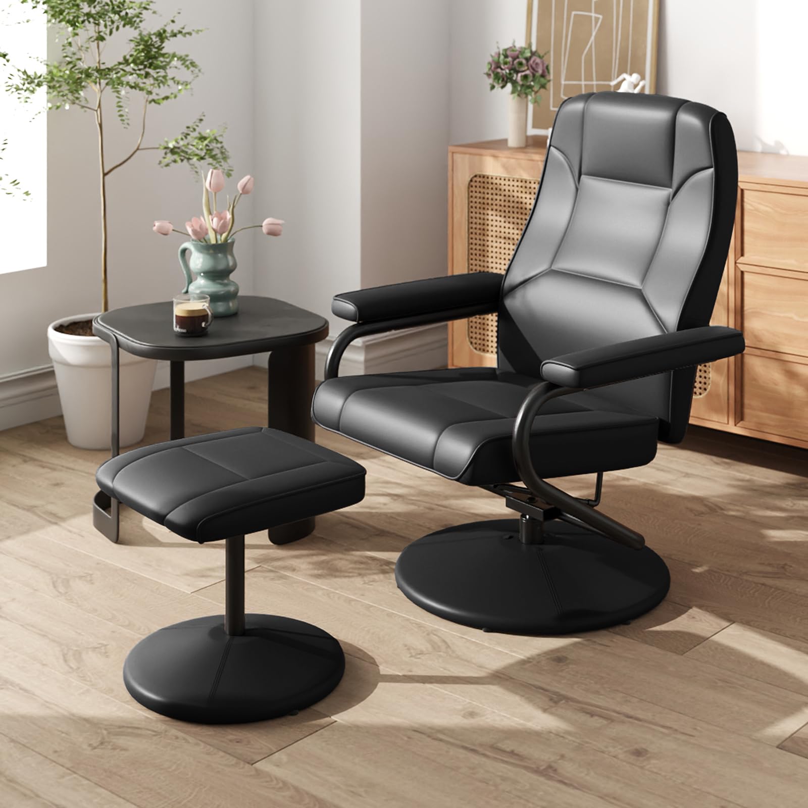 Recliner Chair with Ottoman, 360&deg; Swivel Faux Leather Reclining Chair w/Adjustable Backrest, Footrest