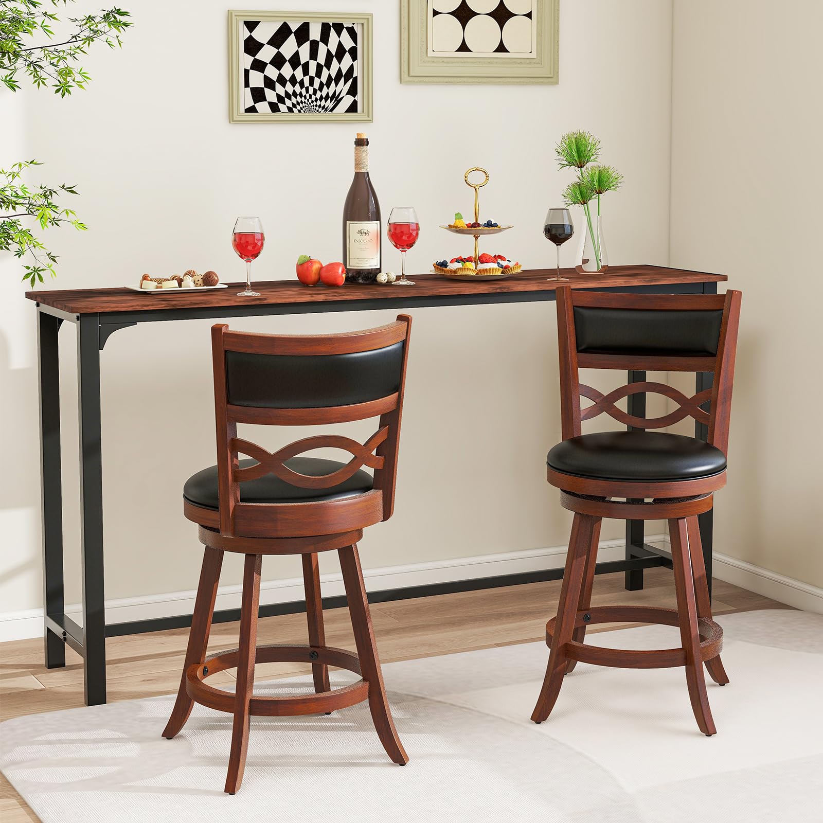 Bar Stools Set of 2/4, 24.5&rdquo; Counter Height Stools with Rubber Wood Frame, Faux Leather Upholstered Seat and Backrest