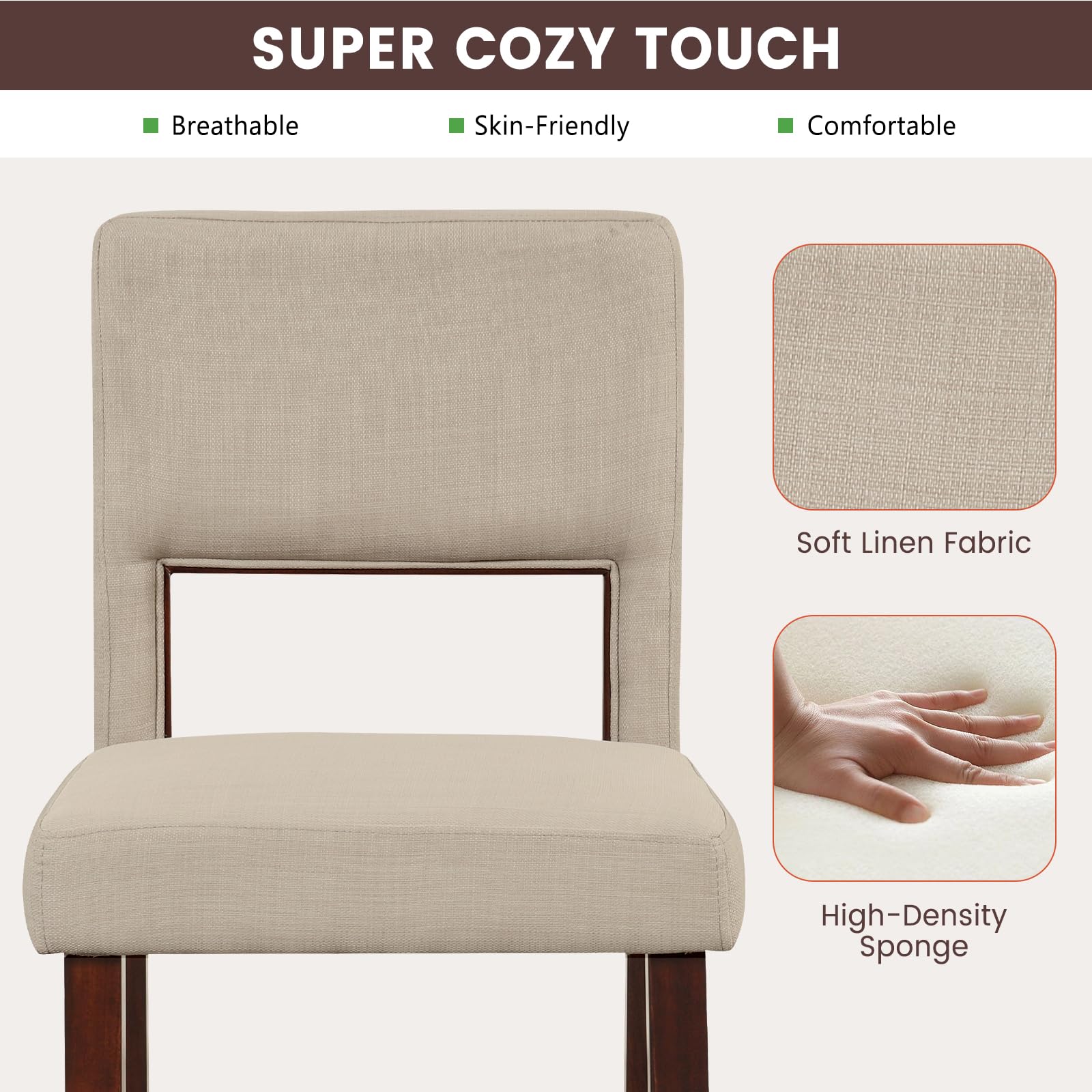 24.5" Counter Height Bar Stools Set of 2, Linen Barstools with Back, Rubber Wood Legs