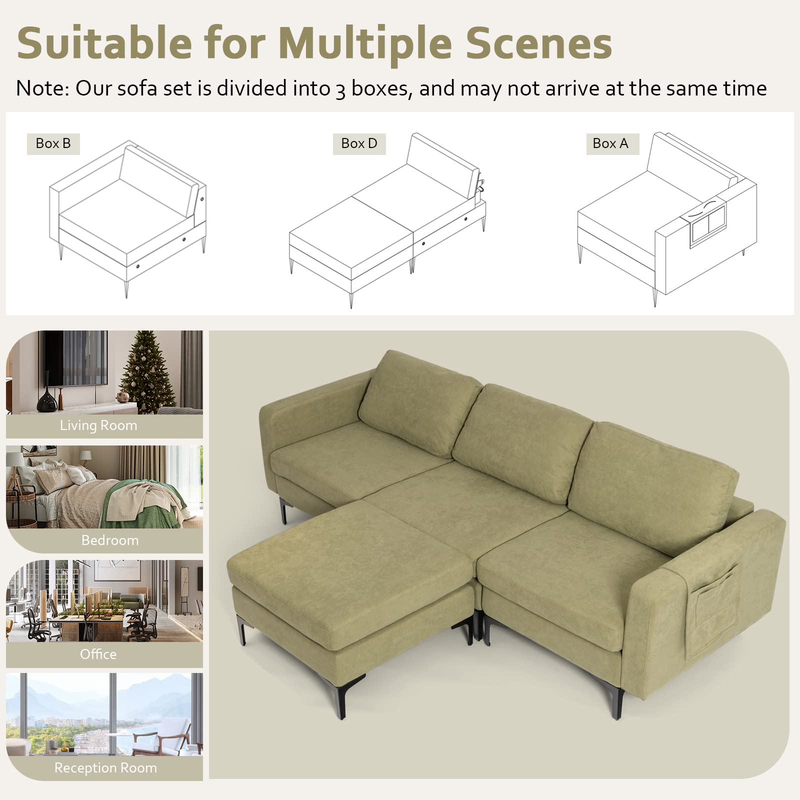 Convertible Sectional Sofa Couch, 3-Seat L Shaped Couch with Reversible Ottoman, Built-in Socket & USB Ports