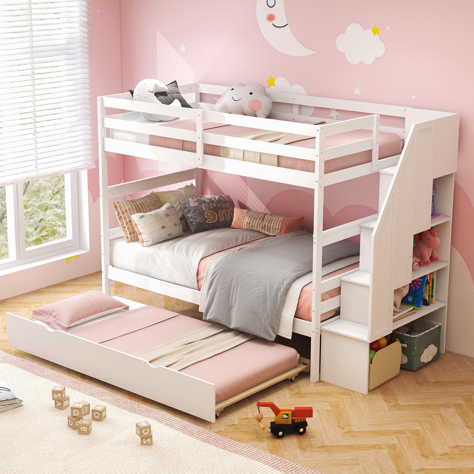 Twin Over Twin Wood Bunk Bed with Trundle & Storage Stairs, Convertible to 2 Separated Beds
