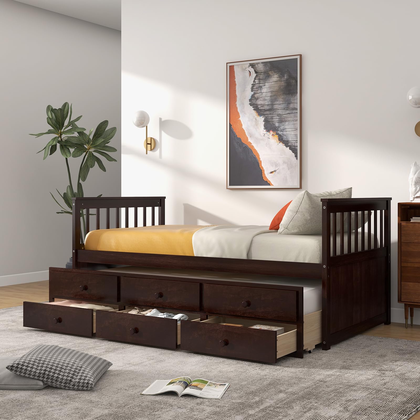 Twin Size Wooden Captain Daybed with Trundle and 3 Storage Drawers