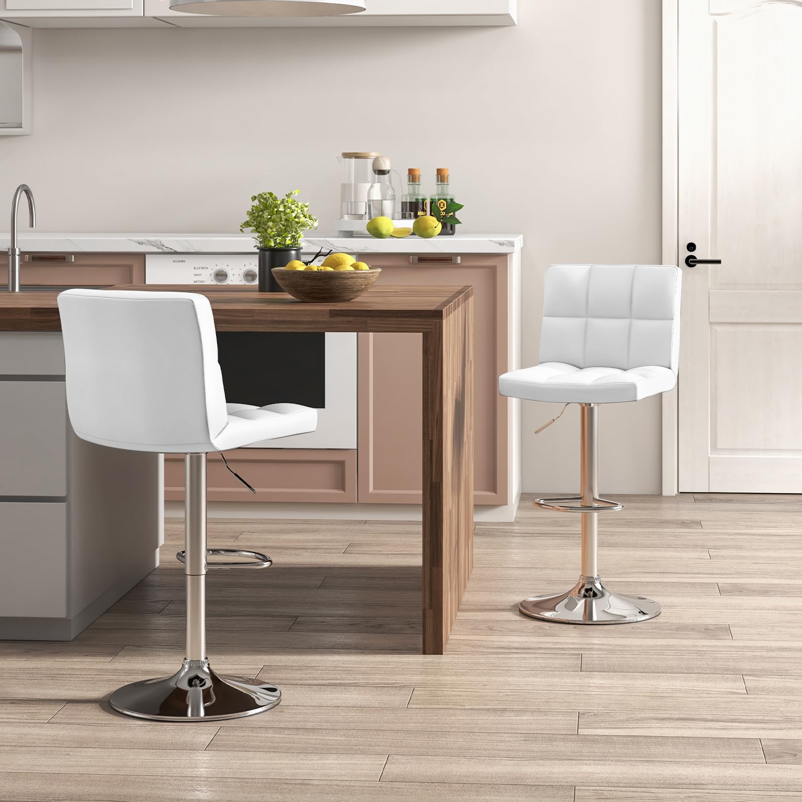 Modern PU Leather Height Adjustable Bar Stools  Set of 1/2 with Back, Footrest, Metal Base
