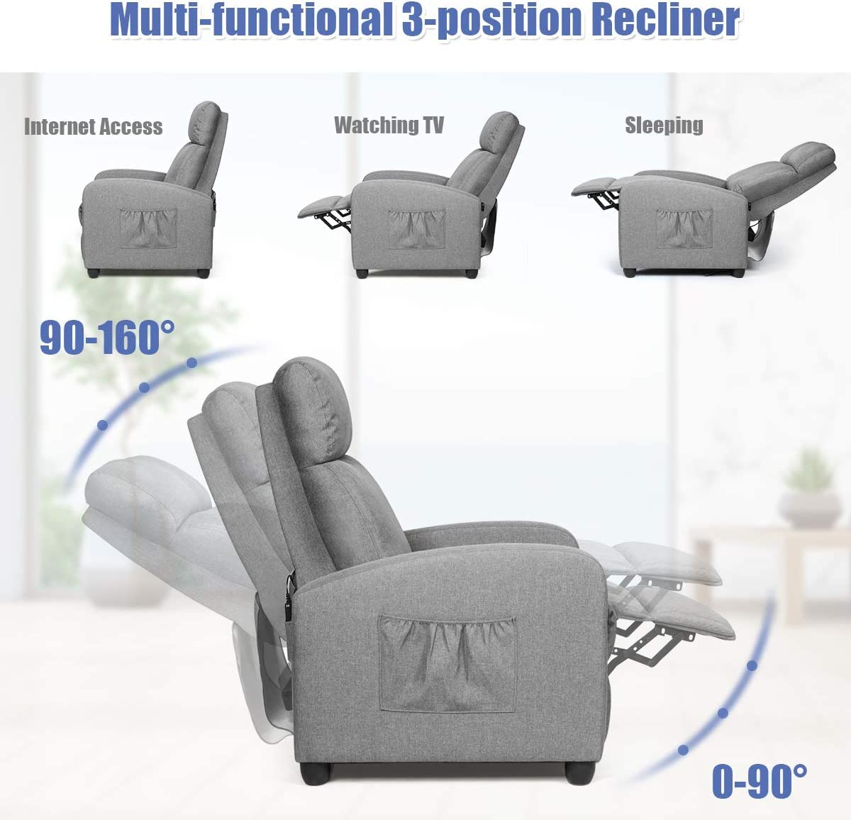 Recliner Chair with Adjustable Backrest & Footrest, Living Room Ergonomic Single Sofa with Remote and Side Pocket