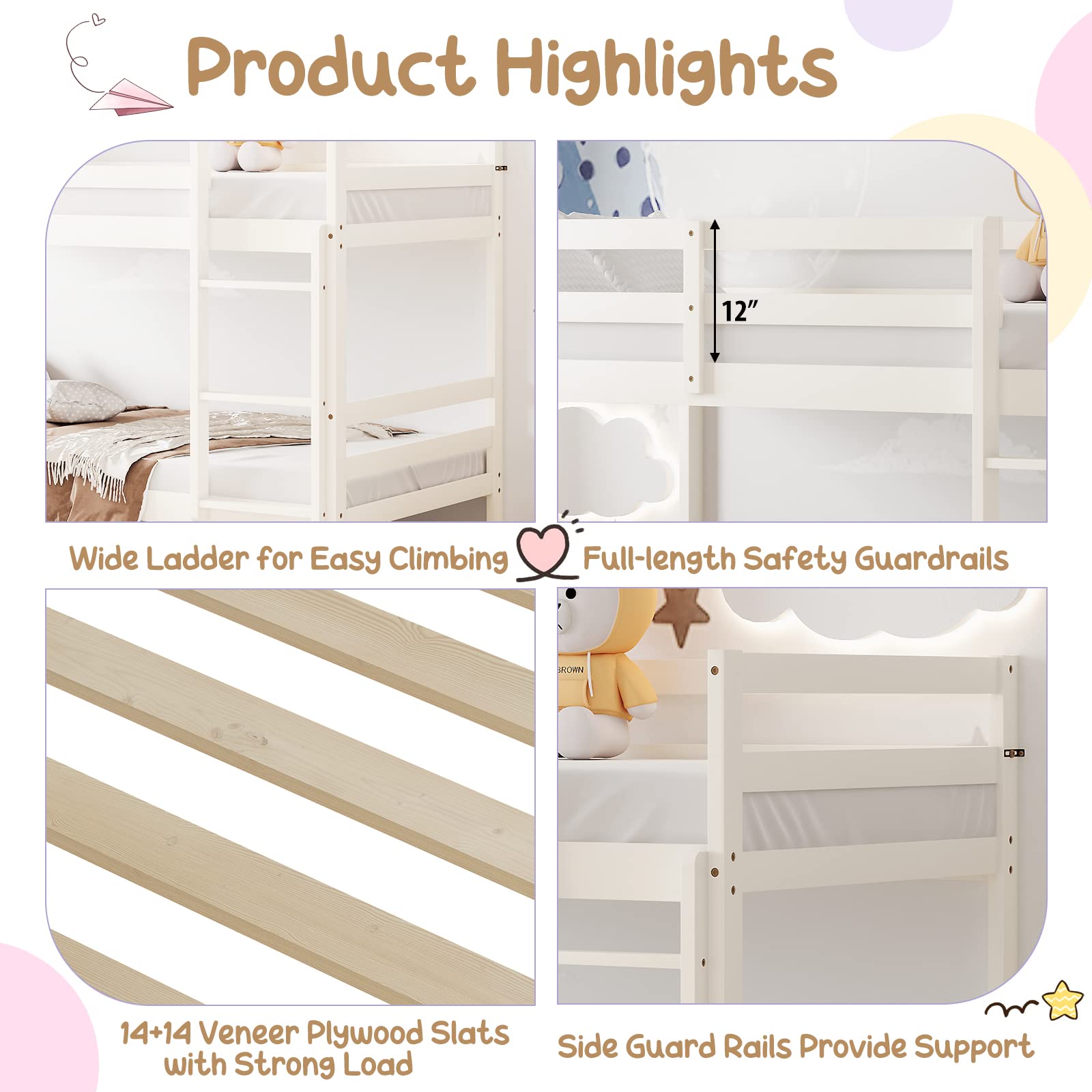Twin Over Twin Wood Bunk Bed with Ladder & Safety Guardrail