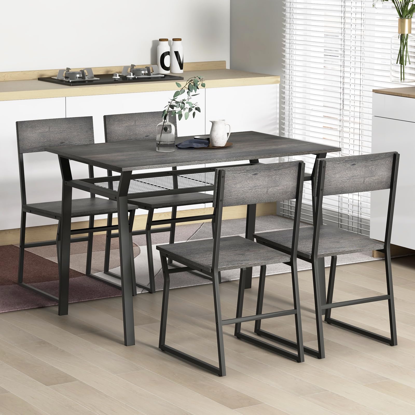 Dining Table Set for 4, 47&rdquo;L x 28&rdquo;W Rectangular Kitchen Table w/ 4 Trapezoid Chairs, Reinforced Metal Frame & Storage Rack
