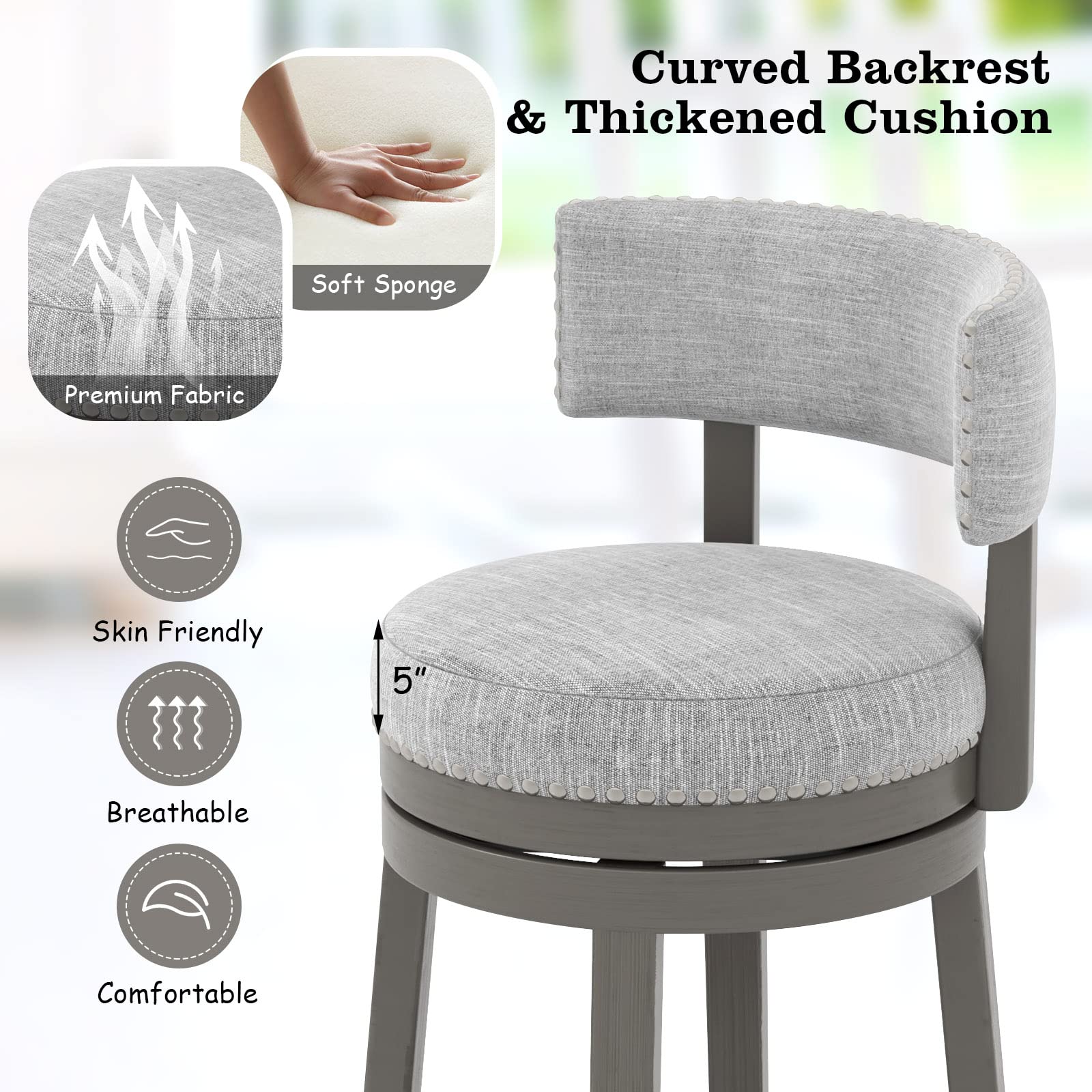 Modern 360&deg; Swivel Bar Stool with Upholstered Back & Seat, Solid Rubber Wood Legs & Round Footrest