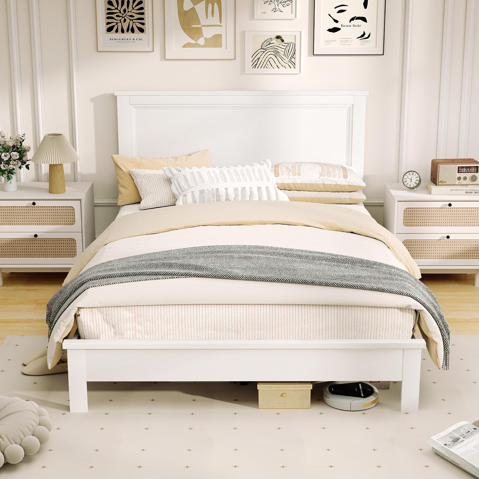 Wood Platform Bed Frame with Headboard, Mid Century Platform Bed Frame with Solid Wood Legs & Wooden Slat Support